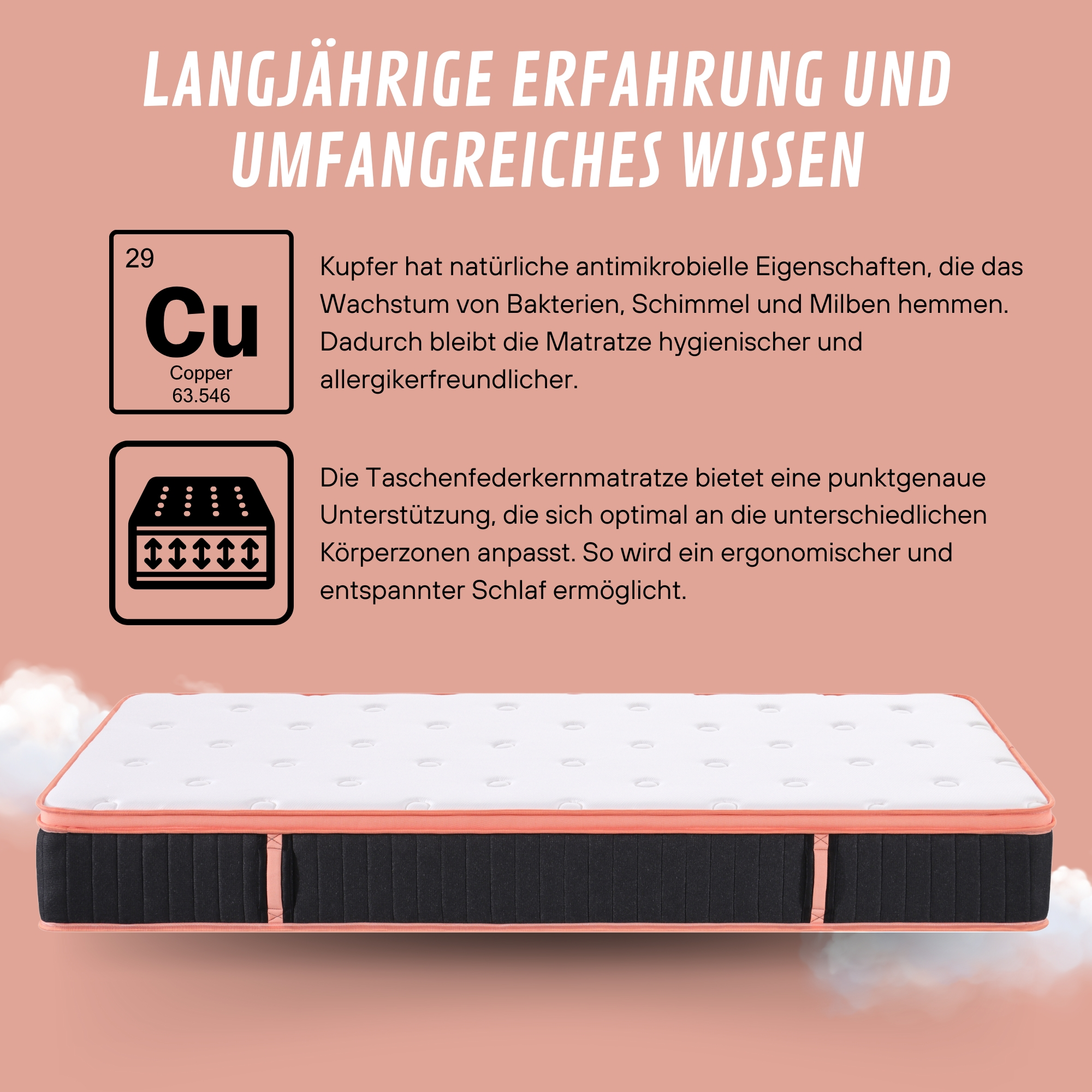 Eine Matratze mit Text über ihre Eigenschaften. Kupfer und Taschenfedern sind hervorgehoben.