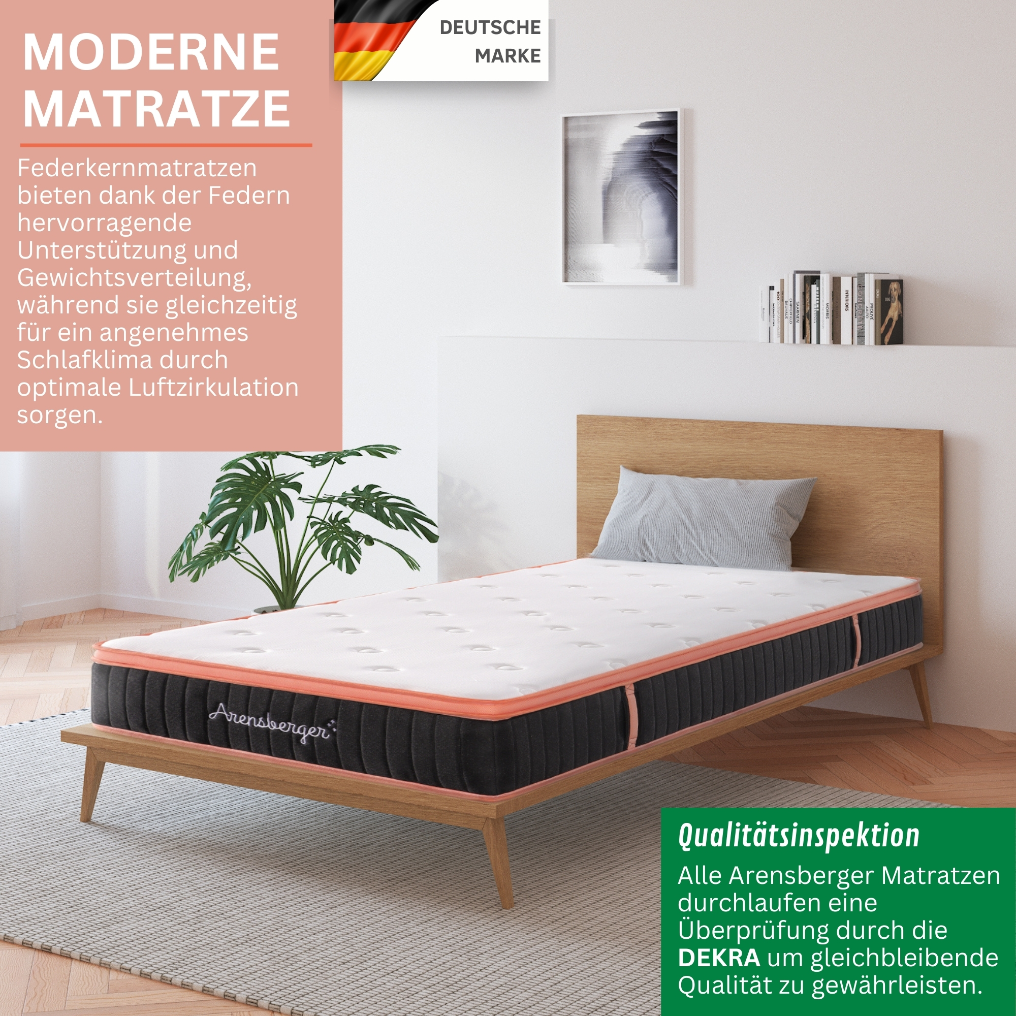 Eine Matratze auf einem Holzrahmen mit Text über ihre Eigenschaften und Qualität.