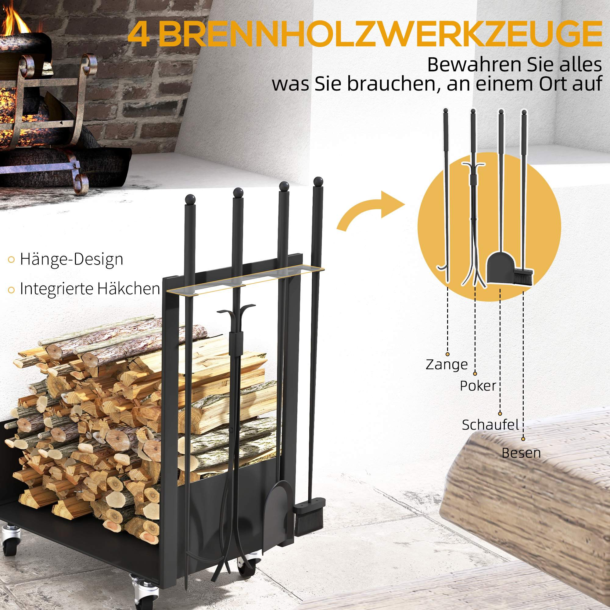 Ein schwarzes Metall-Kaminwerkzeug-Set mit Brennholz, beschriftet mit Werkzeugnamen.