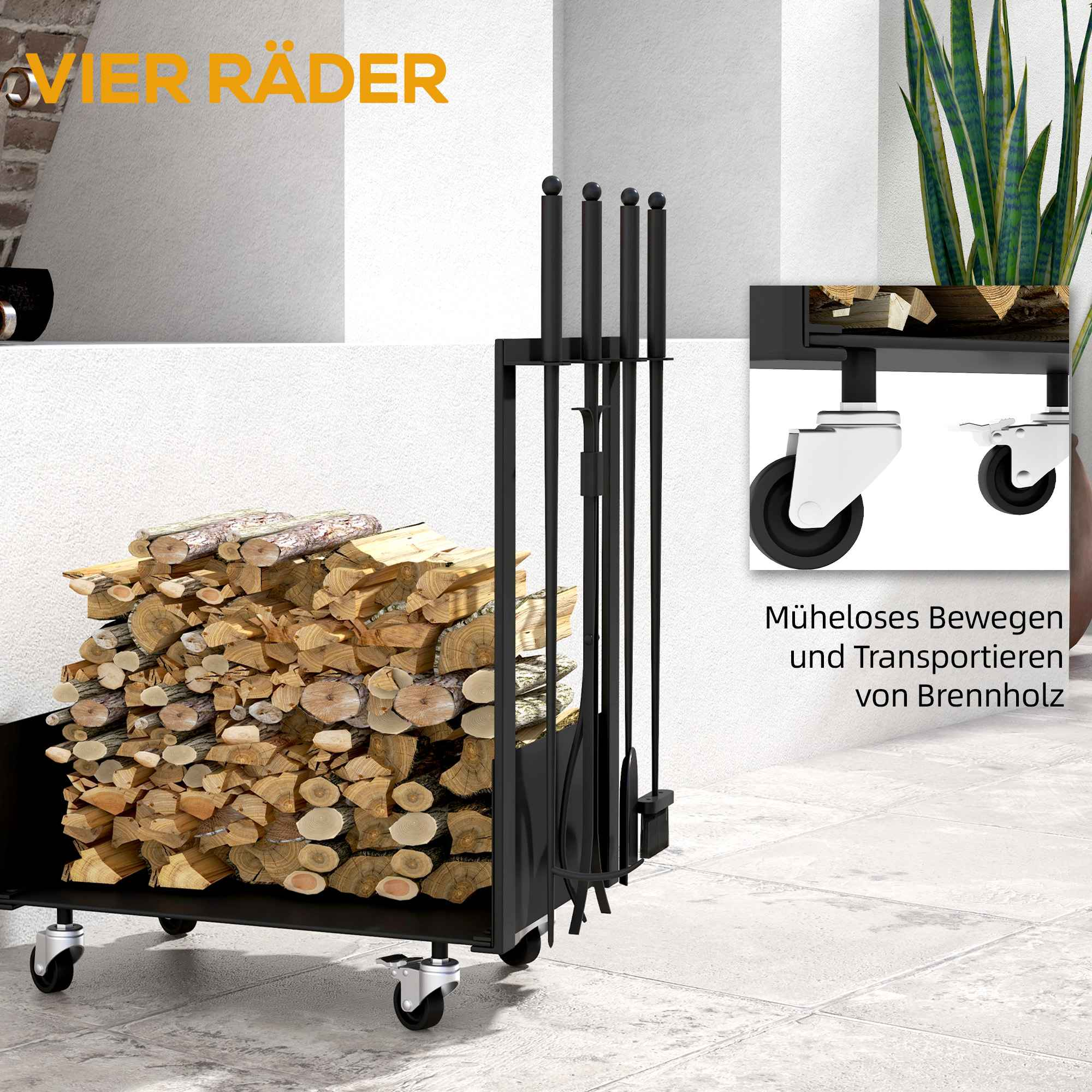 Ein schwarzer, rollender Holzhalter mit Holz und Werkzeugen. Die Wand ist weiß.