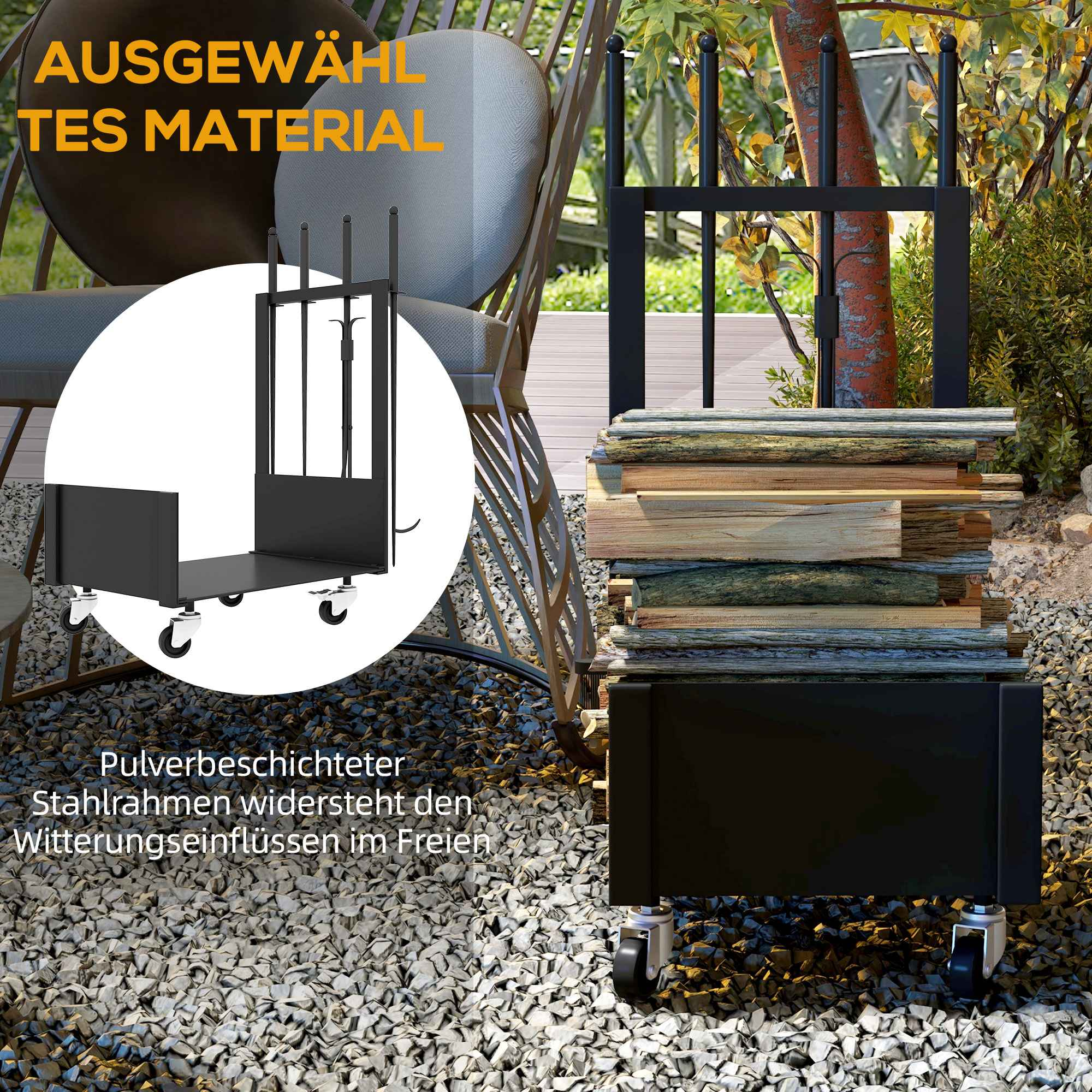Ein schwarzes Metall-Kaminwerkzeug-Set mit Brennholz, gezeigt in einer Außenumgebung.