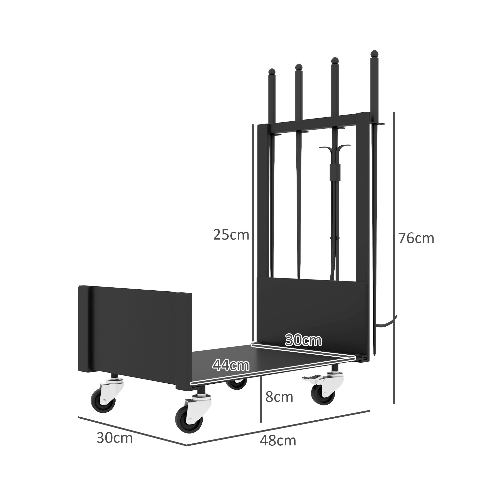 Ein schwarzes Metall-Kaminwerkzeug-Set auf Rädern. Abmessungen sind enthalten.
