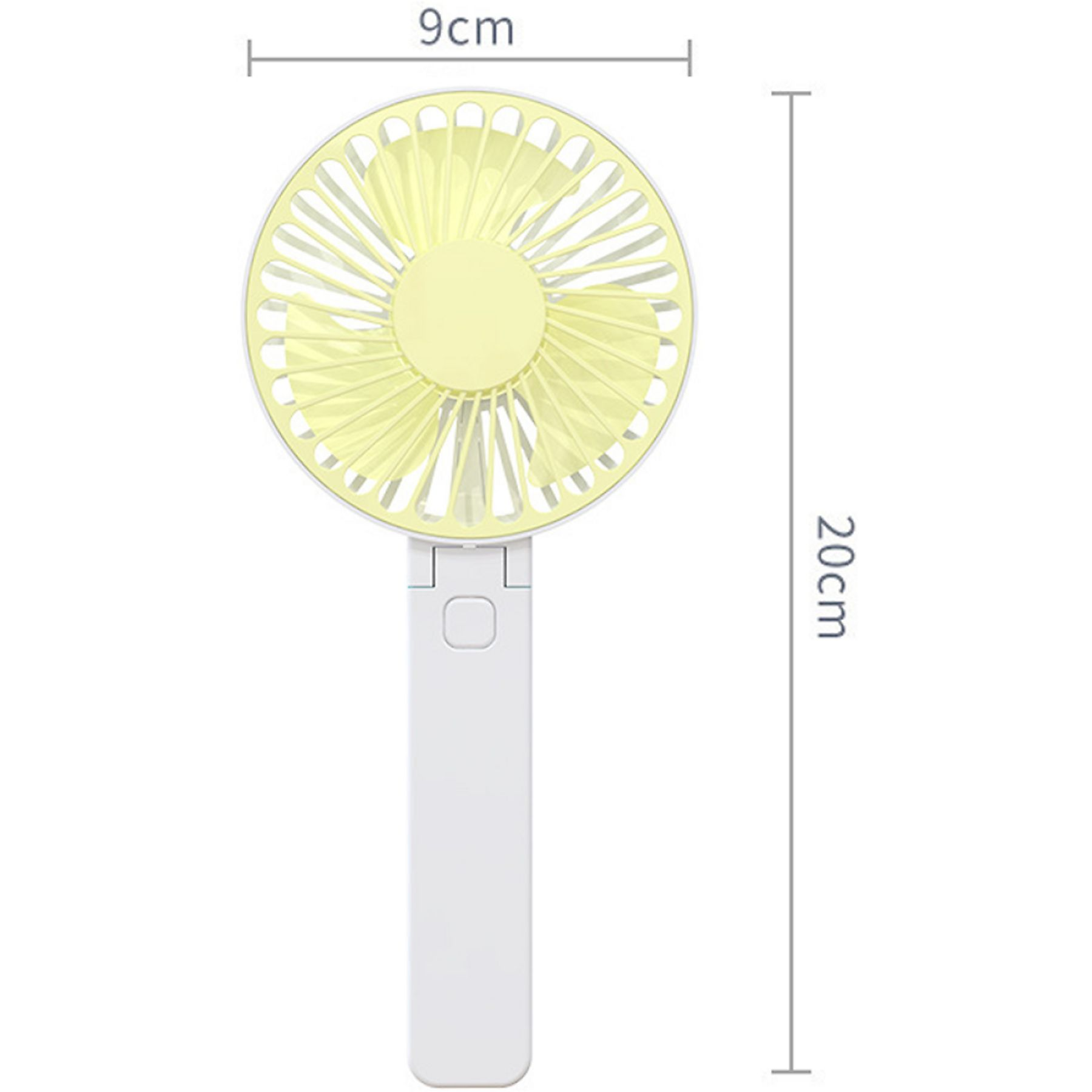 Ein weiß-gelber tragbarer Ventilator mit den Maßen 9 cm x 20 cm.