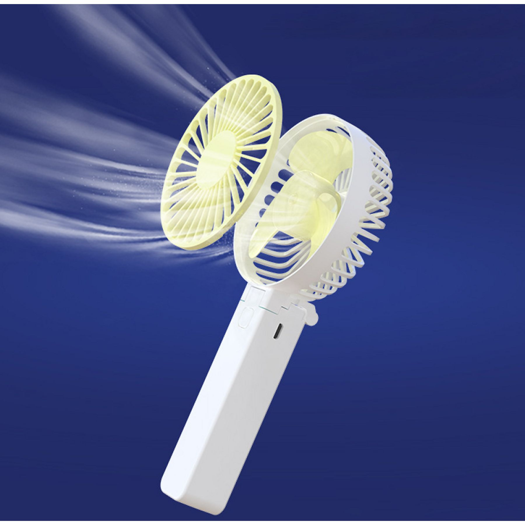 Weißer und gelber tragbarer Ventilator, mit abgenommenen Blättern, die das Innere zeigen.