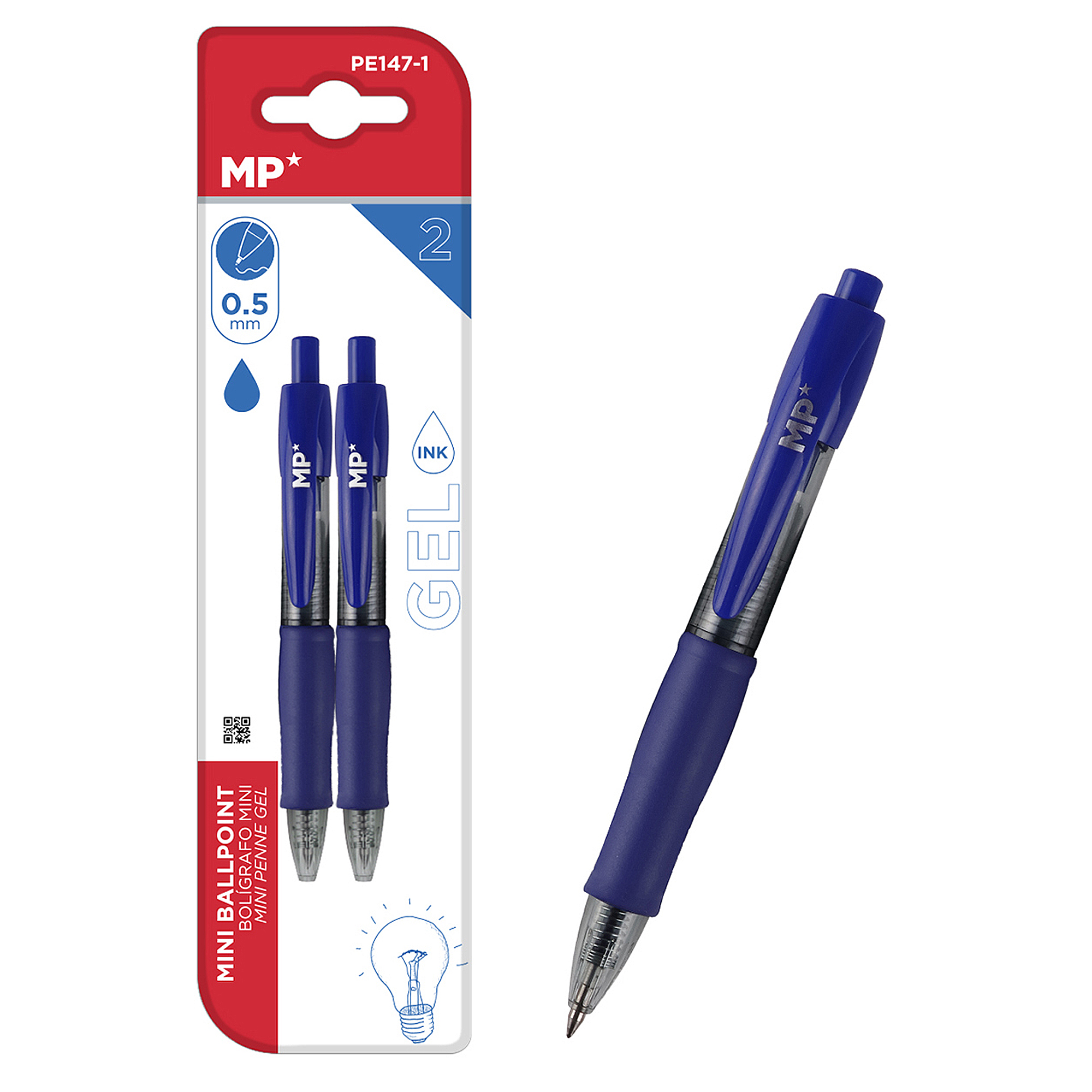 Due penne a gel blu in una confezione, con una singola penna a destra. La confezione include un logo.