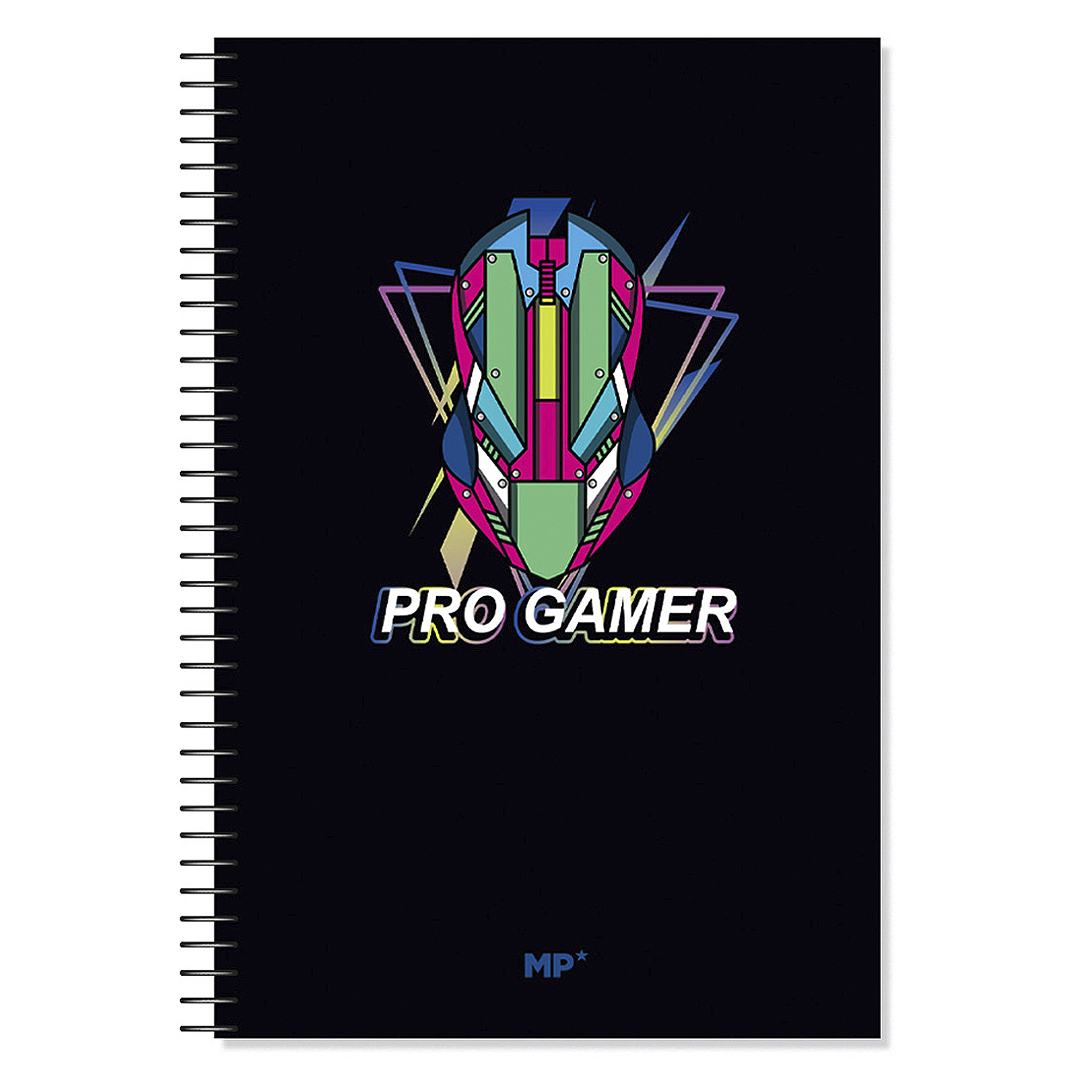 Ein schwarzes Notizbuch mit einer Grafik einer Gaming-Maus und dem Aufdruck 'PRO GAMER'.