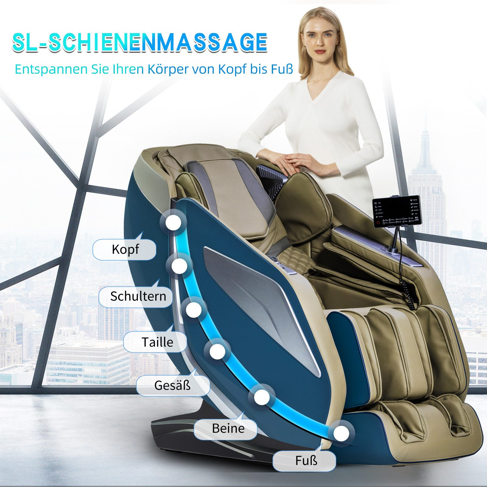 Eine Frau steht in der Nähe eines Massagesessels, der Kopf-bis-Fuß-Massagebereiche hervorhebt.