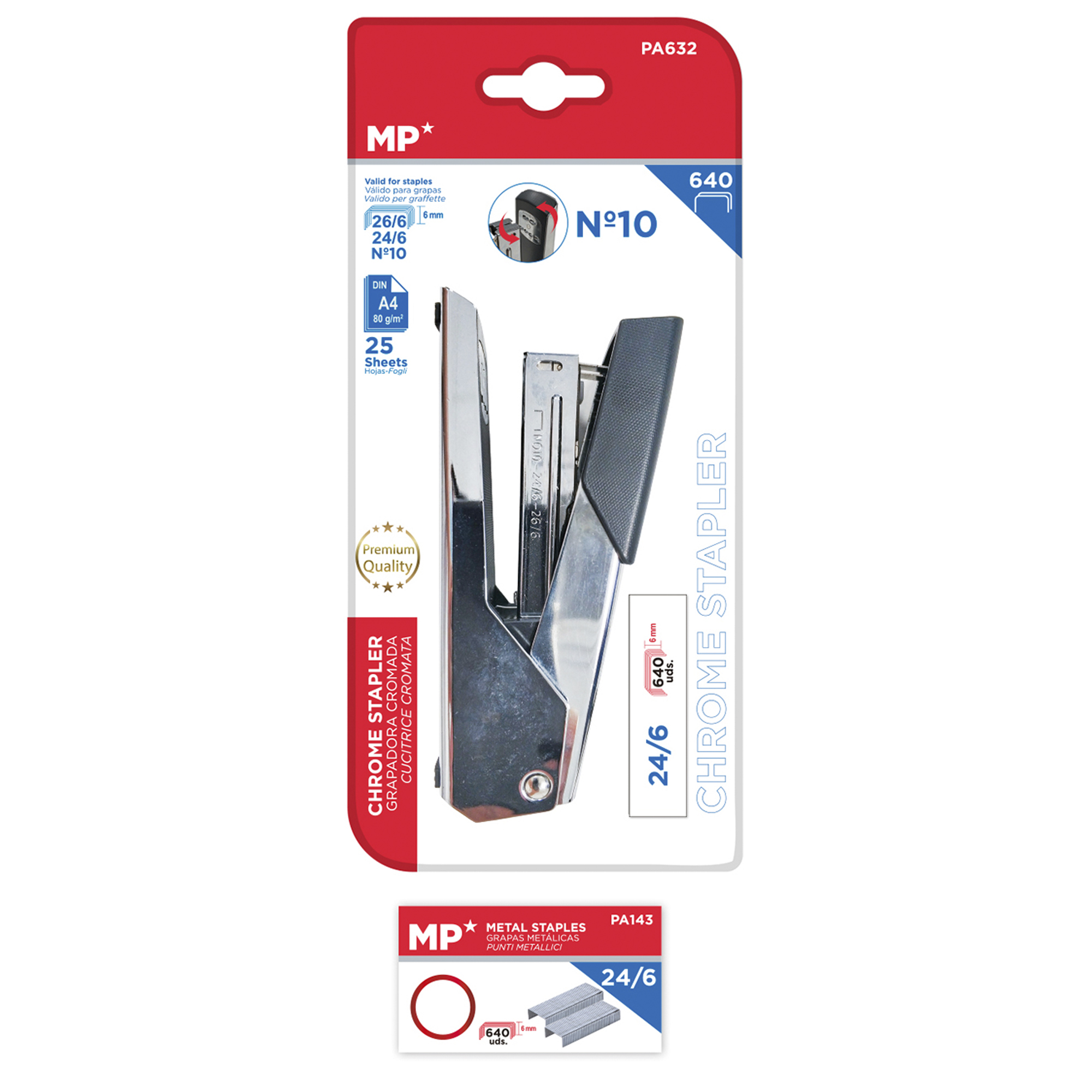 Ein Tacker und eine Heftklammerverpackung auf weißem Hintergrund. Der Tacker ist silber und schwarz.