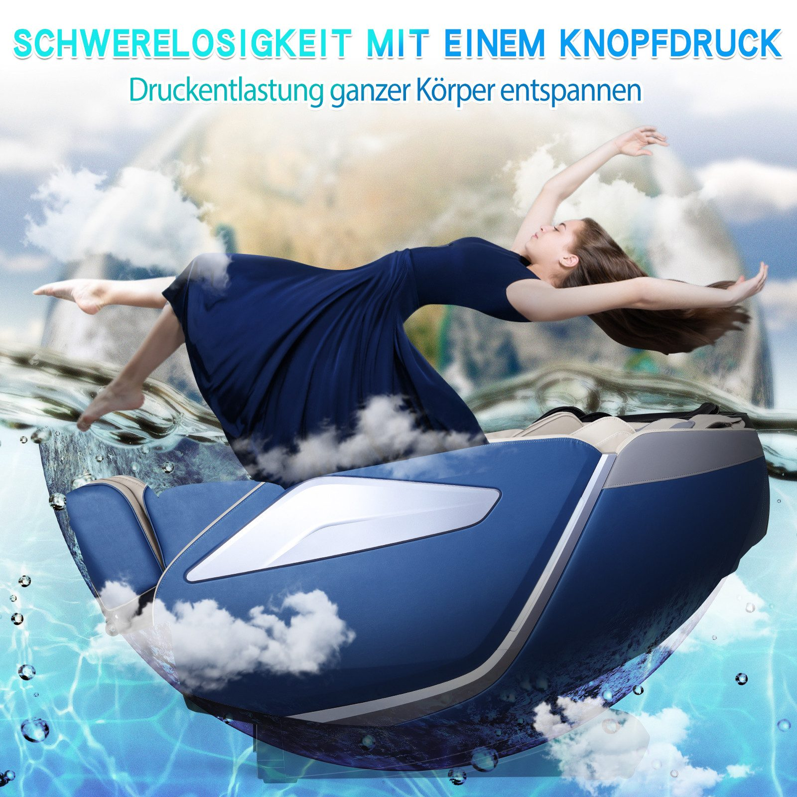 Eine Frau in blauem Kleid schwebt über einem Massagesessel, mit Text über Schwerelosigkeit.