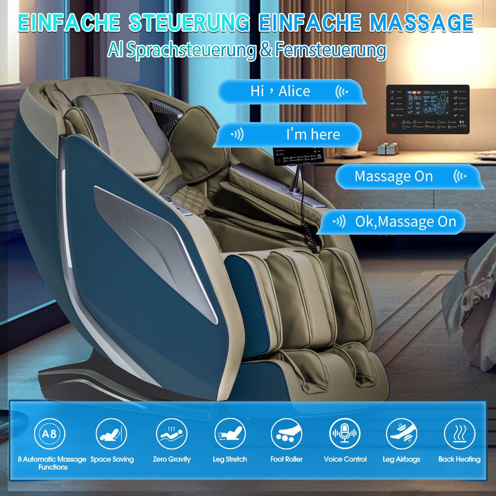 Blauer Massagesessel mit Sprechblasen und Bedienfeld.