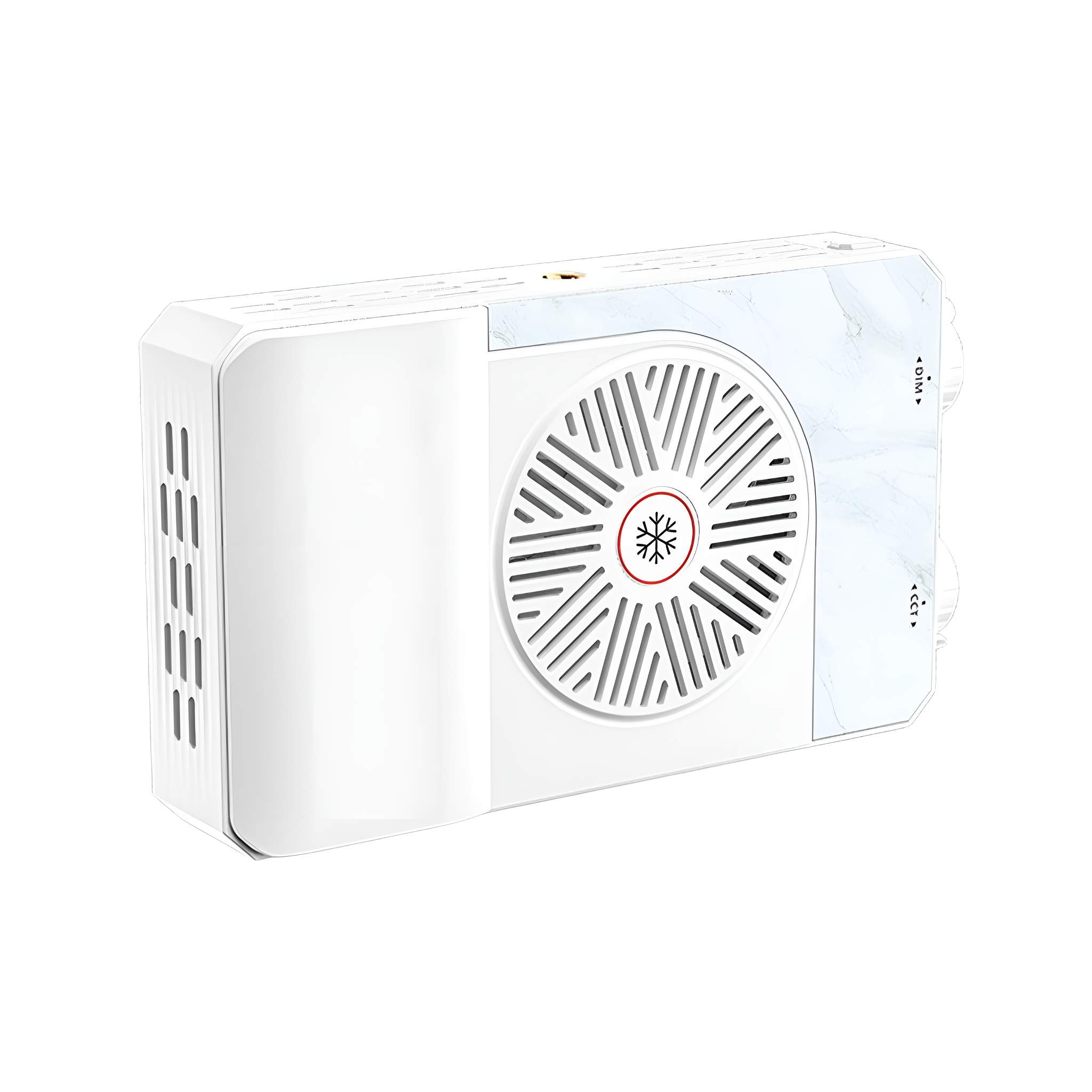 Weißer Ventilator mit Marmordesign.