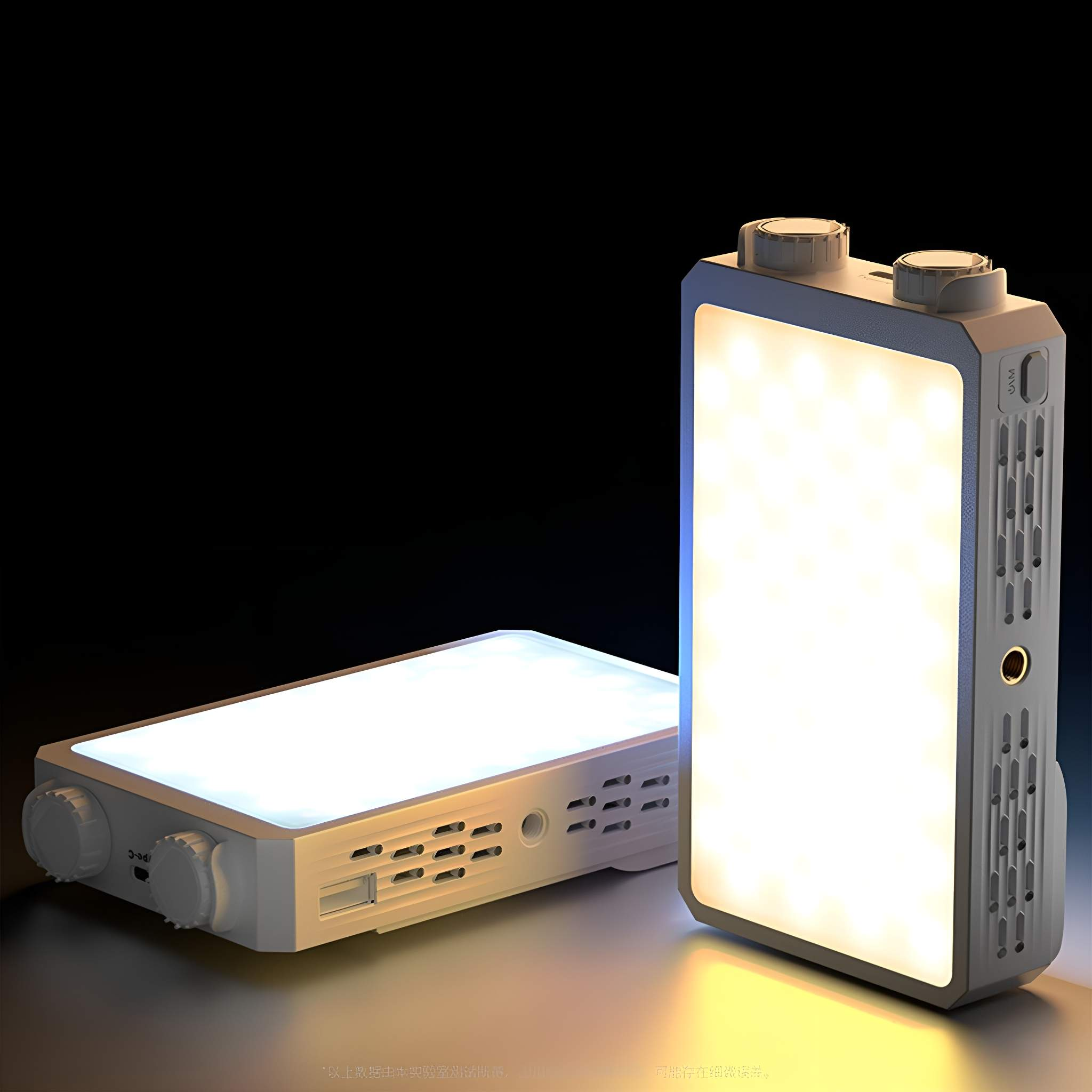 Zwei weiße Lichter. Eines steht, das andere liegt. Beide sind beleuchtet und haben Knöpfe.