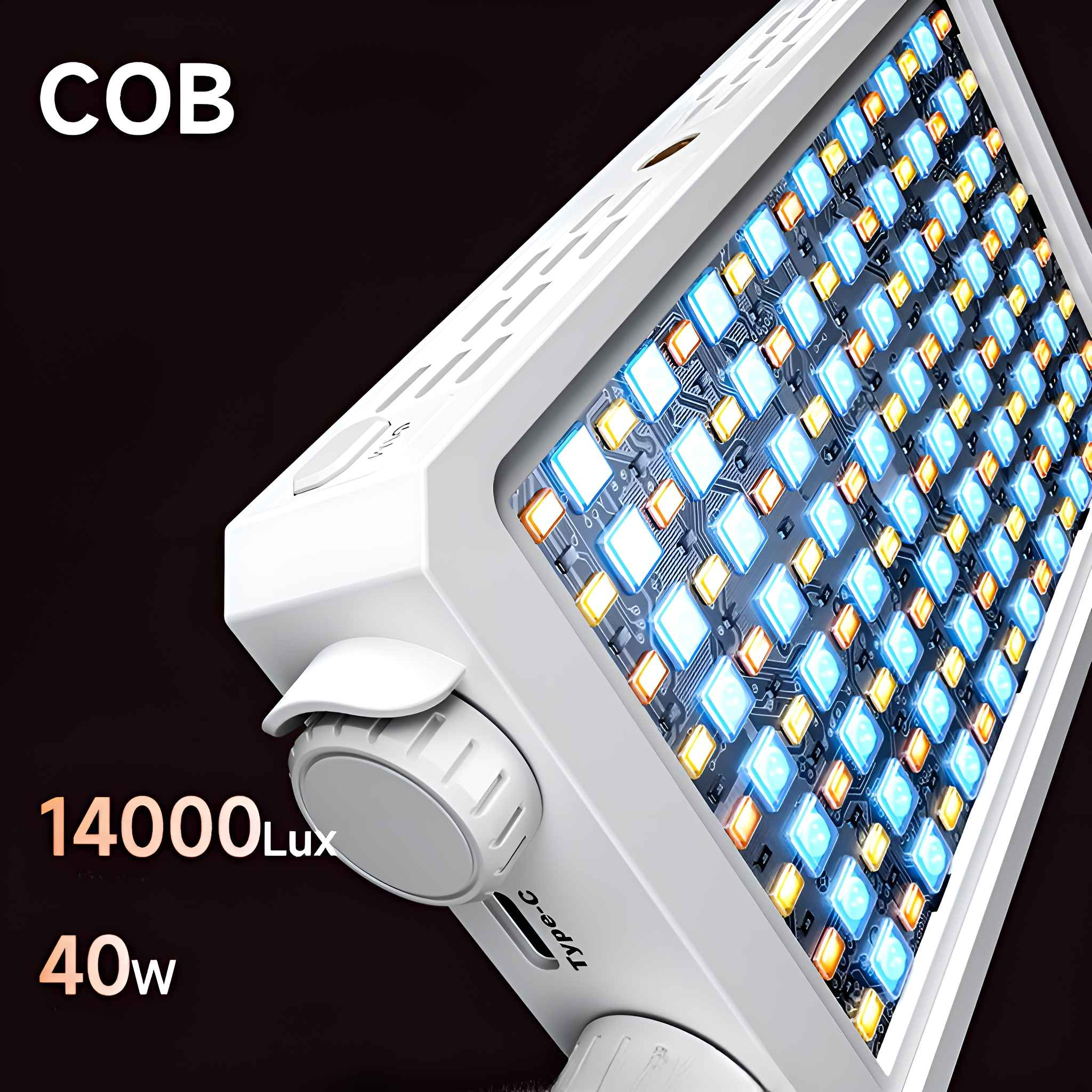 Weißes COB-LED-Licht mit 40 W und 14000 Lux auf schwarzem Hintergrund. Text: COB, 14000 Lux, 40 W.