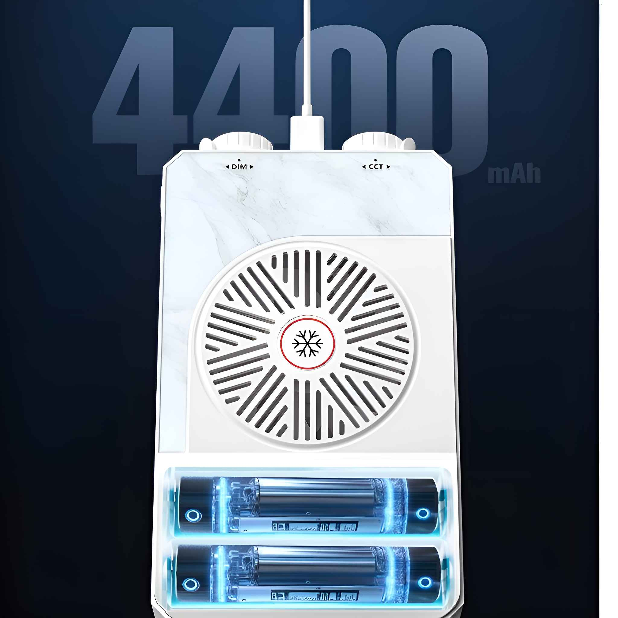 Weißer Ventilator mit Marmordesign, 2 Batterien, Ladekabel.