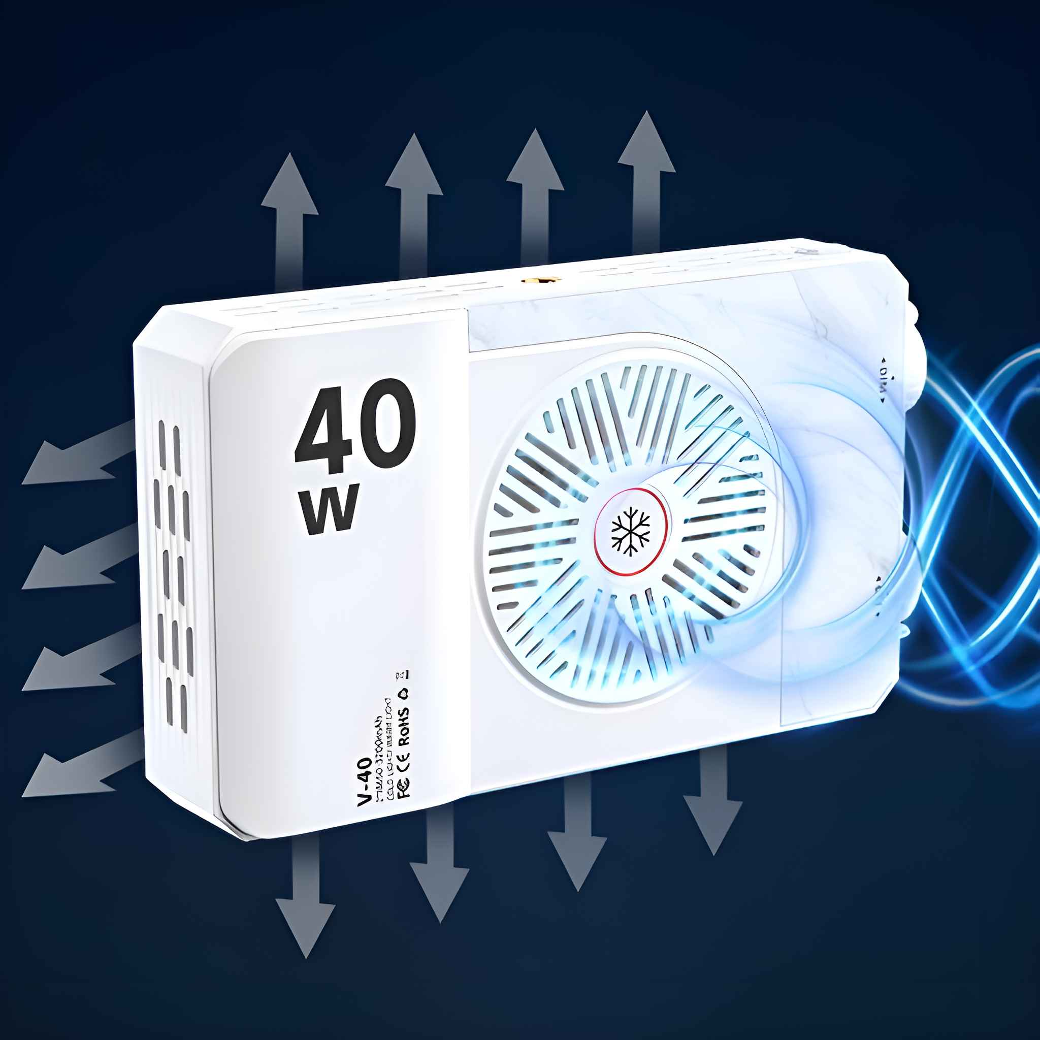 Weißes Gerät mit Ventilator, 40W, Luftströme. Blaue Wellenlinien um das Gerät. Text: 40W.