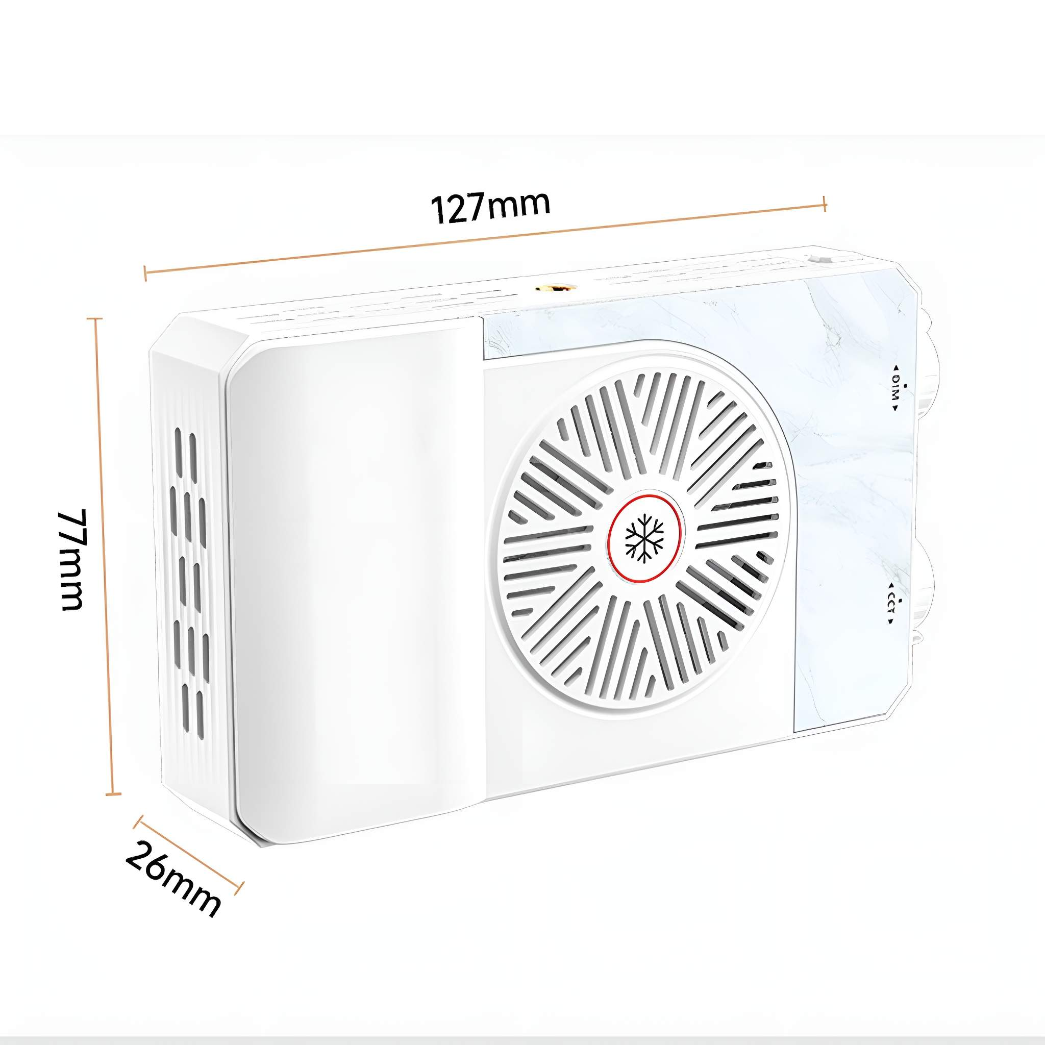 Weißer Ventilator mit Maßen: 127mm x 77mm x 26mm.