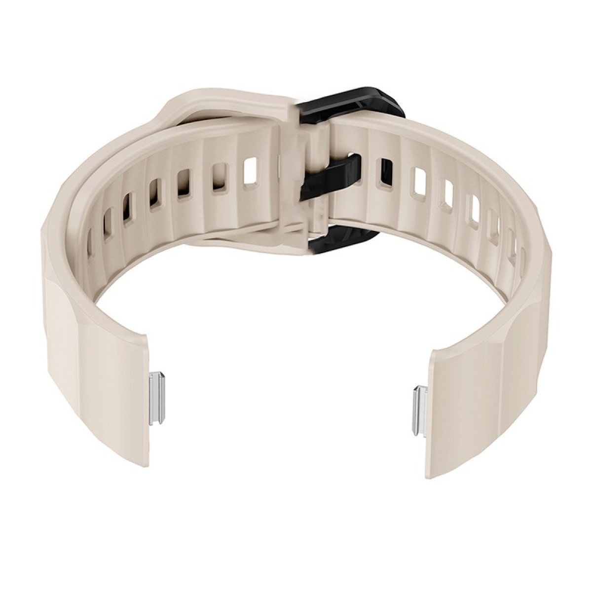 Beiges Uhrenarmband mit schwarzem Verschluss. Es hat ein Lochmuster und Metallstifte zur Befestigung.