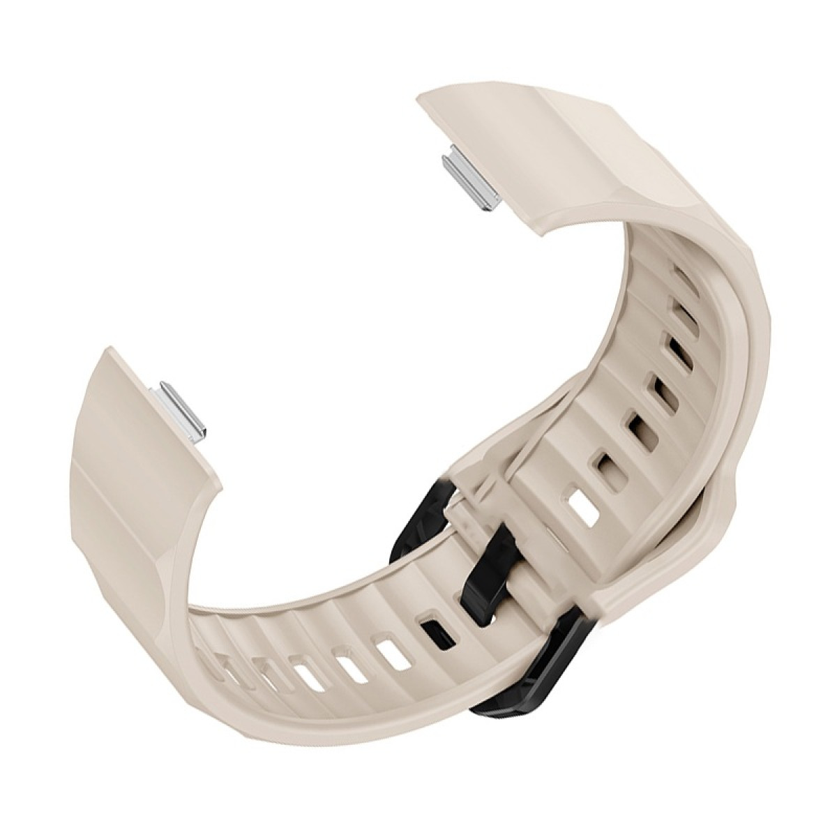Beiges Uhrenarmband, an einem Ende offen, schwarze Schnalle.