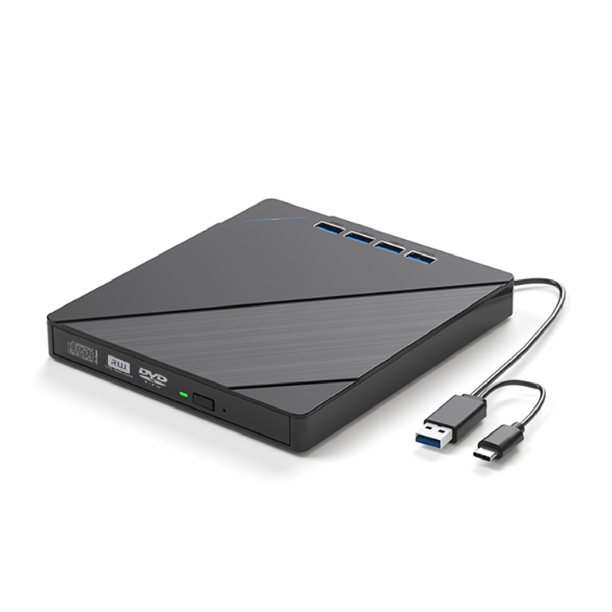 Schwarzes DVD-Laufwerk mit USB-Kabel.