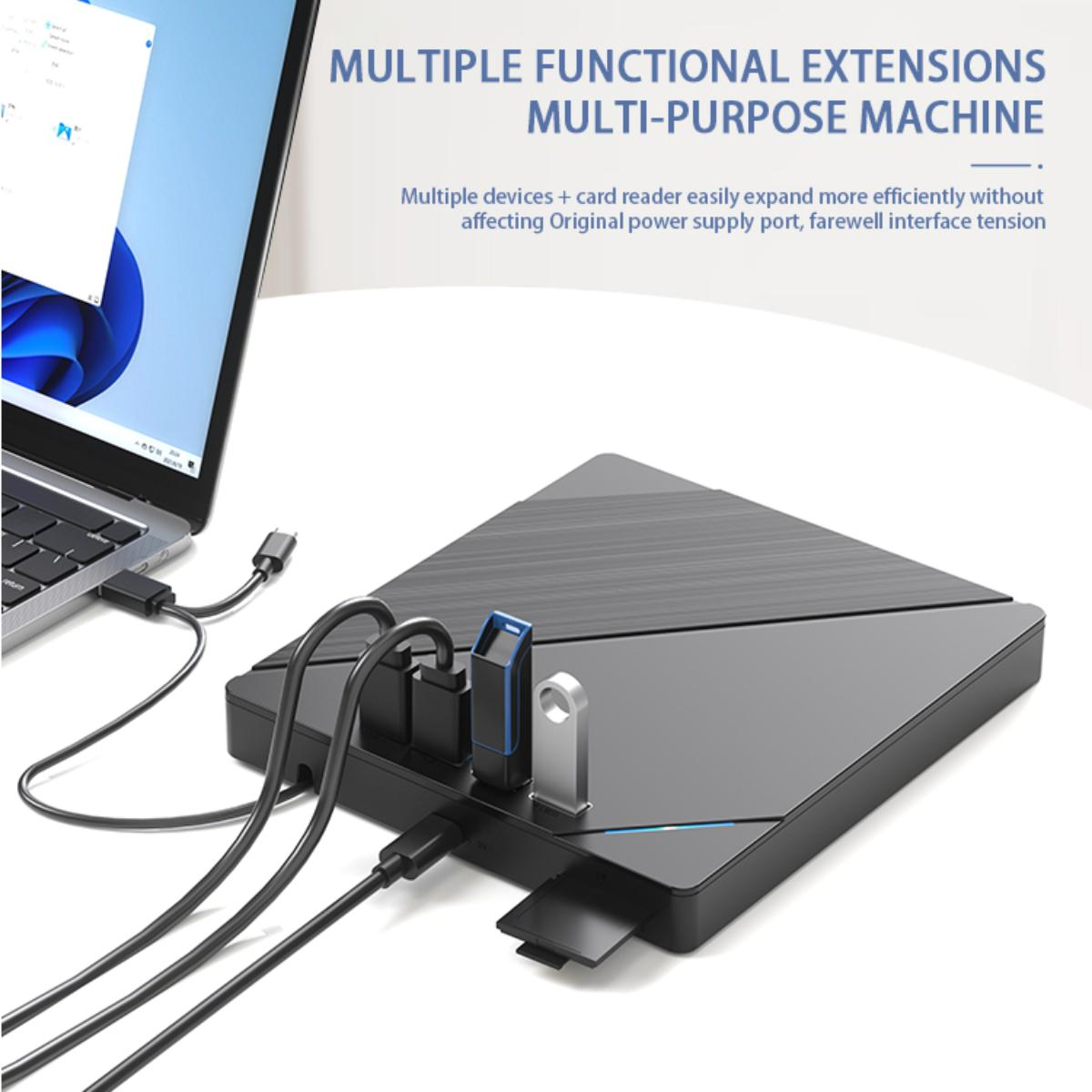 Ein schwarzes Gerät ist über USB-Kabel mit einem Laptop verbunden. Mehrere USB-Anschlüsse und Laufwerke sind sichtbar.