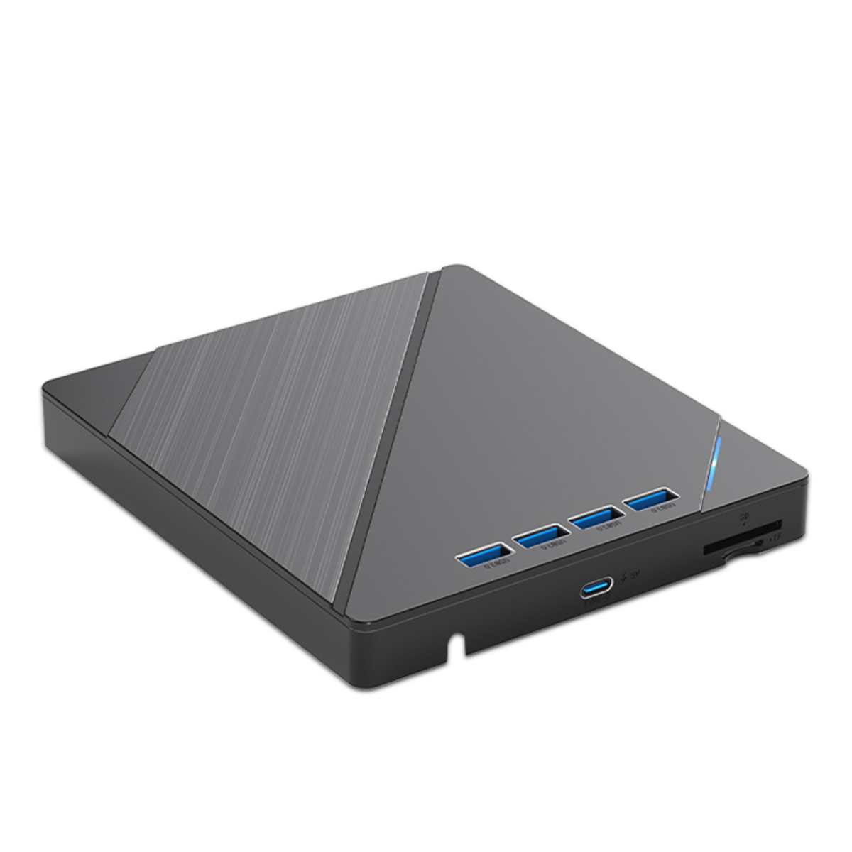 Ein schwarzes, eckiges Gerät mit USB-Anschlüssen und einem Kartenleser. Es hat ein modernes Design.