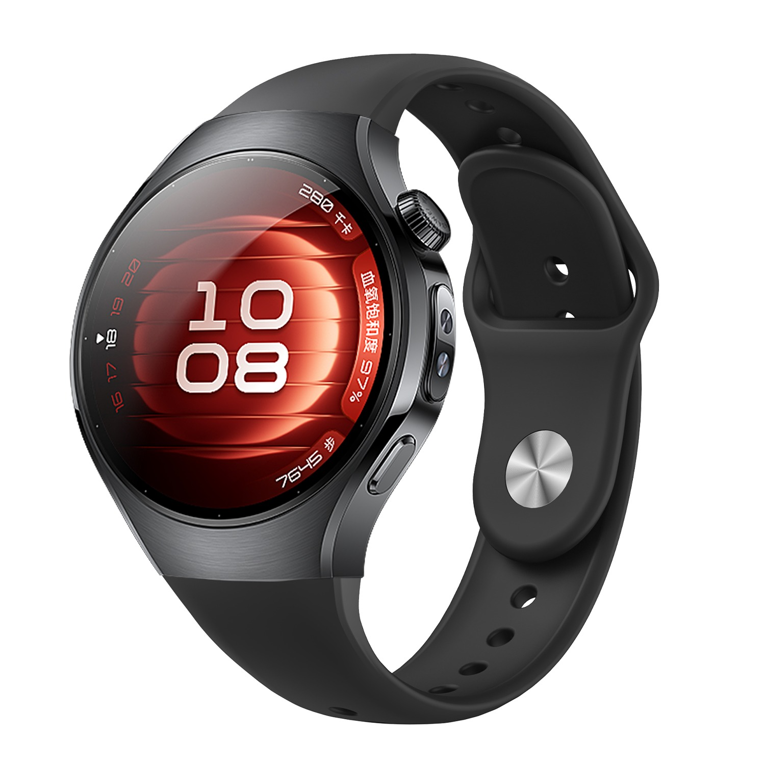 Eine schwarze Smartwatch mit rundem Zifferblatt, das die Uhrzeit und Vitalfunktionen anzeigt, schwarzes Armband.