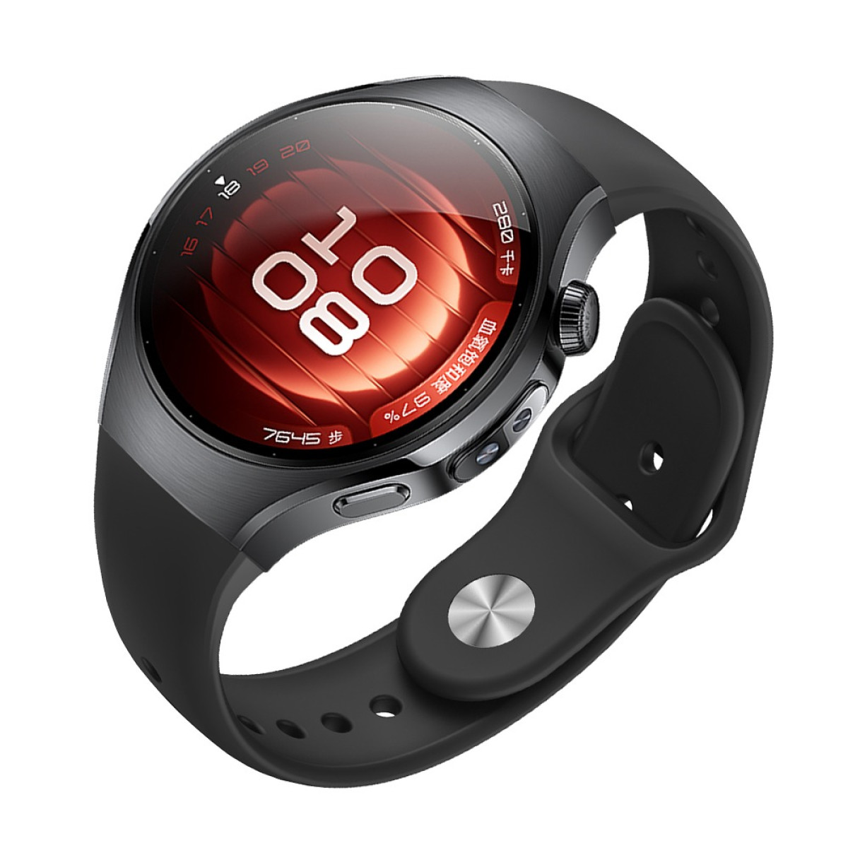 Eine schwarze Smartwatch mit rundem Zifferblatt, das die Uhrzeit und Vitalfunktionen anzeigt, schwarzes Armband.