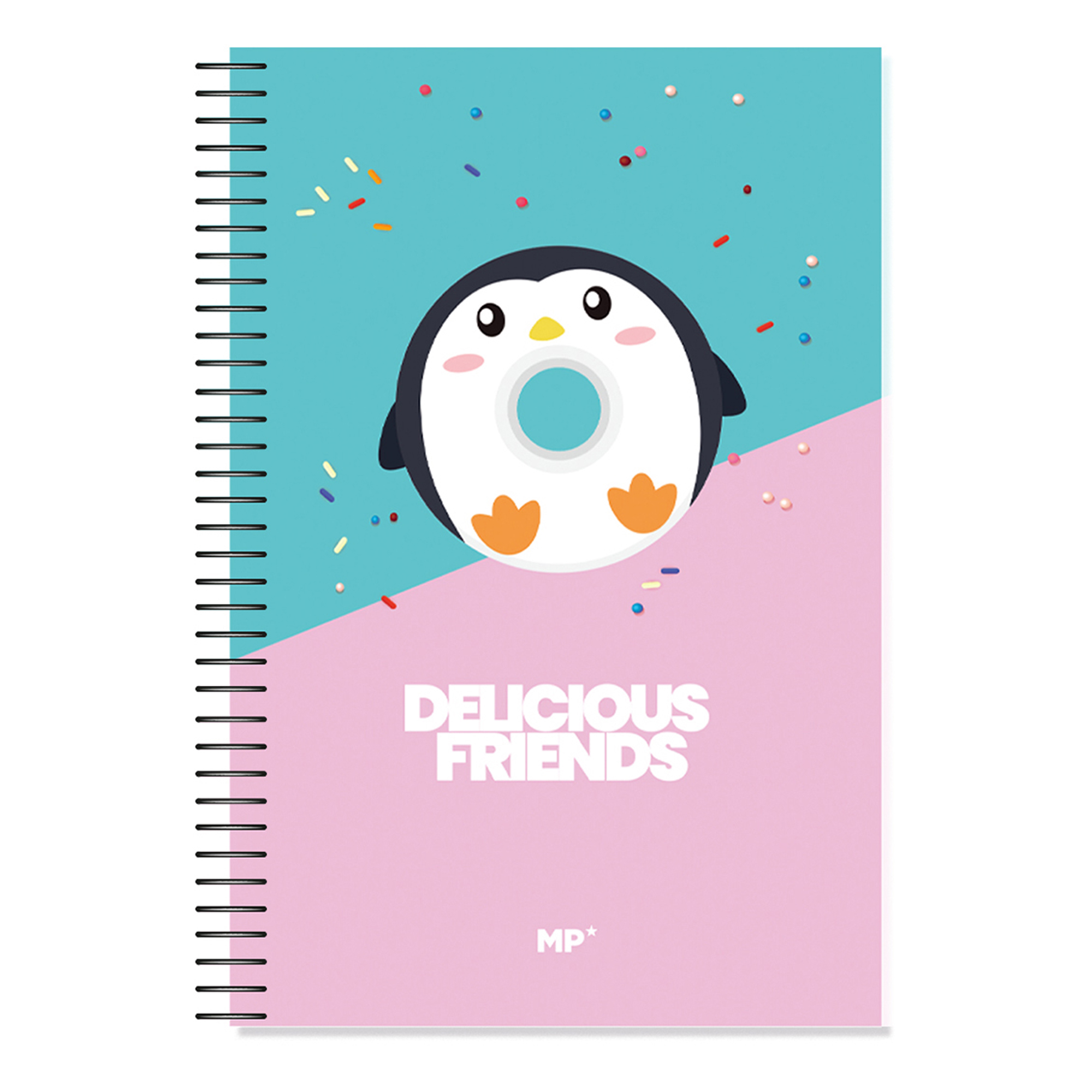 Ein Notizbuch mit einem Pinguin-Donut-Design auf blauem und rosa Hintergrund.