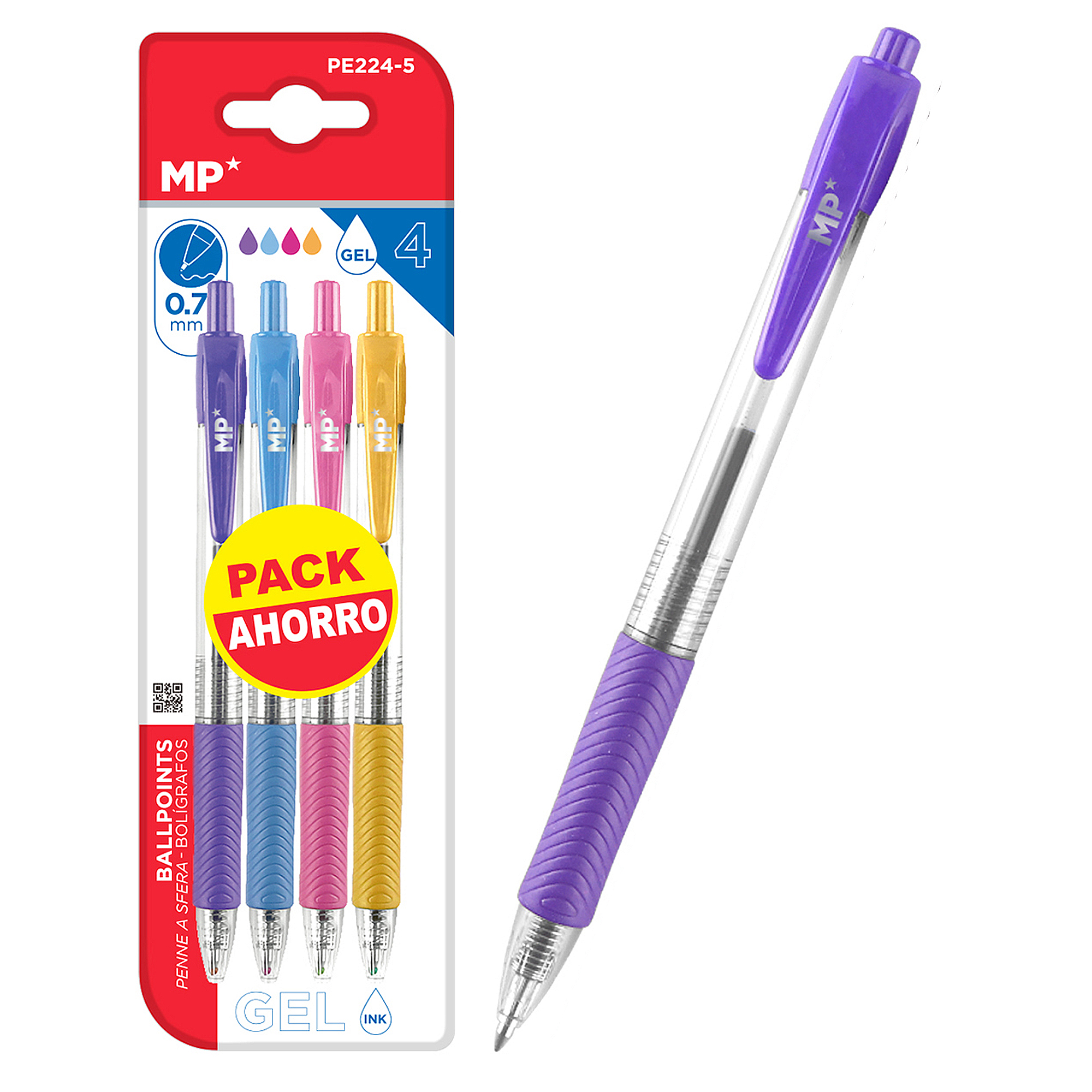 Confezione di penne gel con vari colori e una penna viola singola.