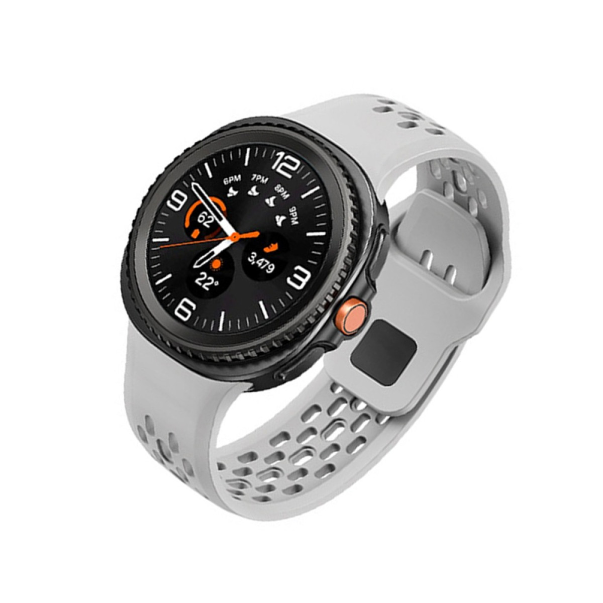 Eine Smartwatch mit grauem Armband. Das Zifferblatt zeigt Zahlen, Grafiken und die Uhrzeit an.
