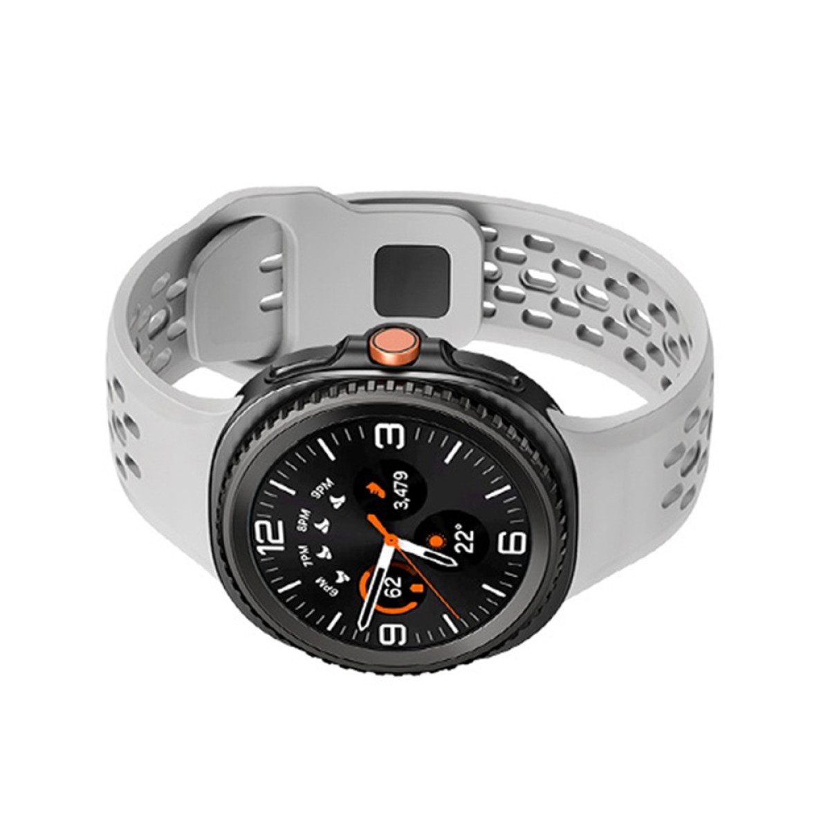 Eine Smartwatch mit schwarzem Zifferblatt und hellgrauem Armband.