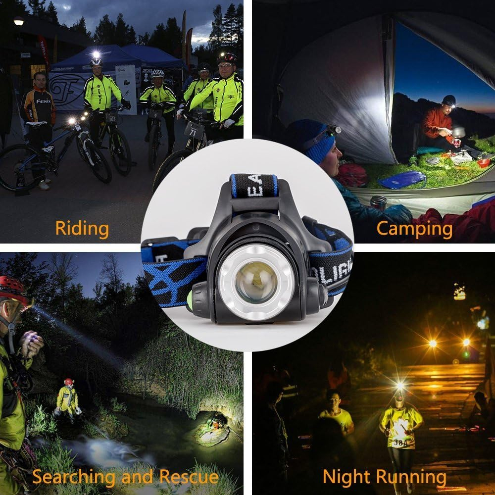 Eine Stirnlampe mit Szenen von Radfahren, Camping, Suchen und Nachtlaufen. Die Lampe ist zentriert.