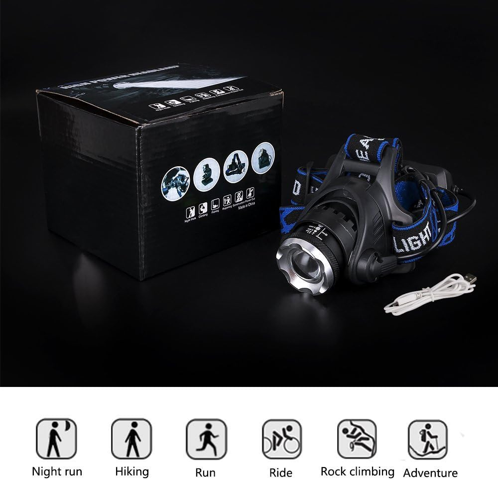 Eine Stirnlampe, eine schwarze Box und ein USB-Kabel auf dunklem Untergrund. Symbole der Anwendungen werden gezeigt.