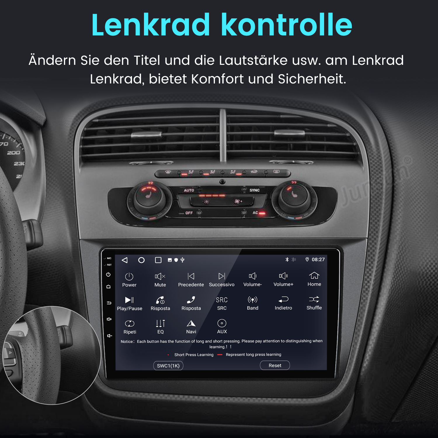Ein Armaturenbrett eines Autos mit zentralem Display, das Bedienelemente und ein Lenkrad zeigt.