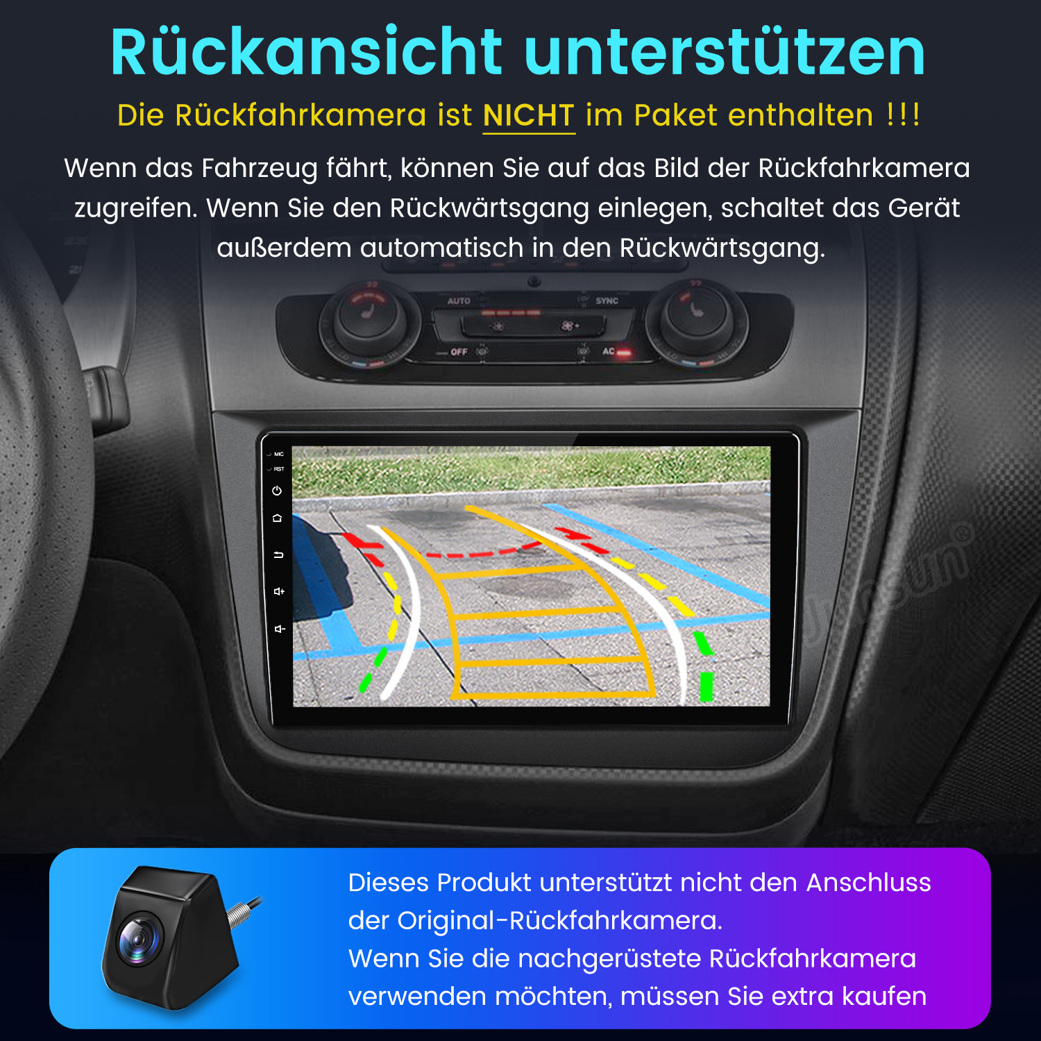 Armaturenbrett des Autos mit einem Bildschirm, der eine Rückfahrkameransicht mit Parkrichtlinien zeigt.