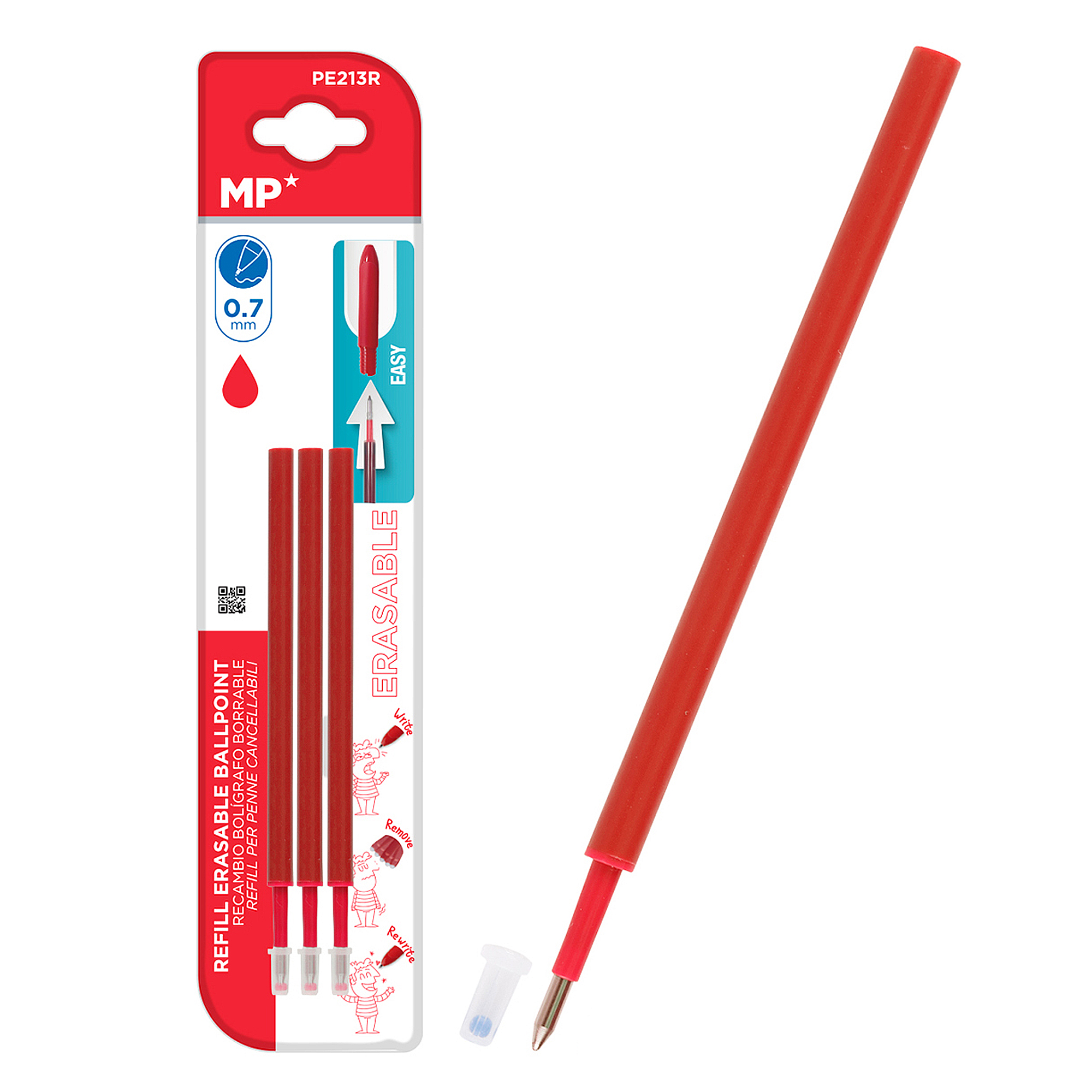Eine Packung rote, radierbare Kugelschreiber-Minen. Die Packung zeigt eine rote Mine außerhalb.