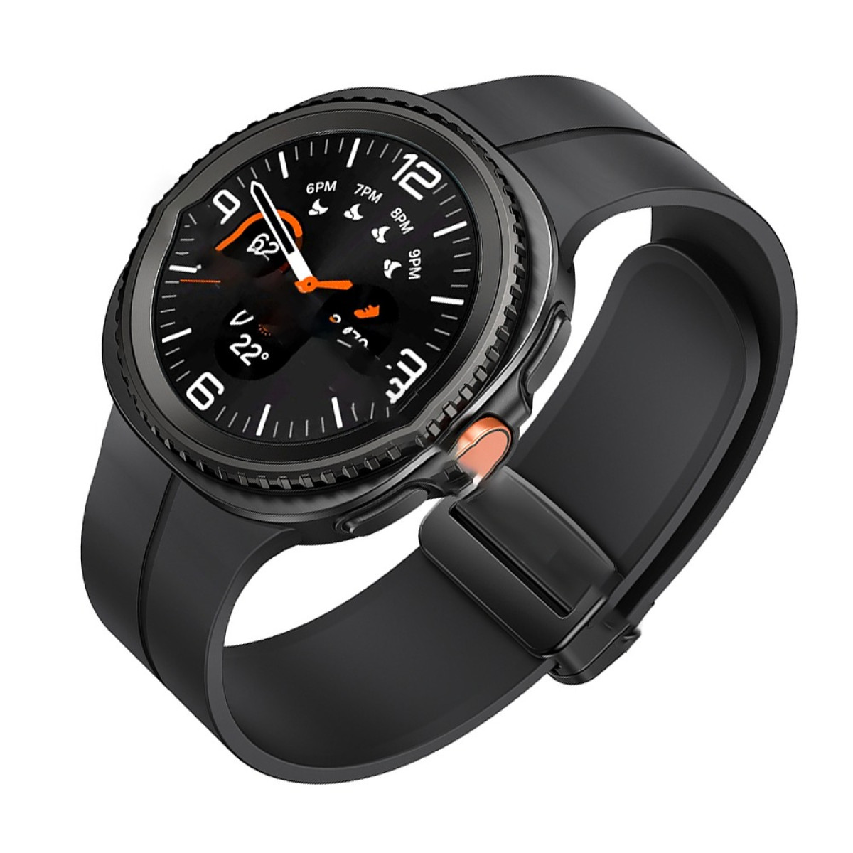 Smartwatch con cinturino nero, cassa nera e display digitale che mostra ora e statistiche.