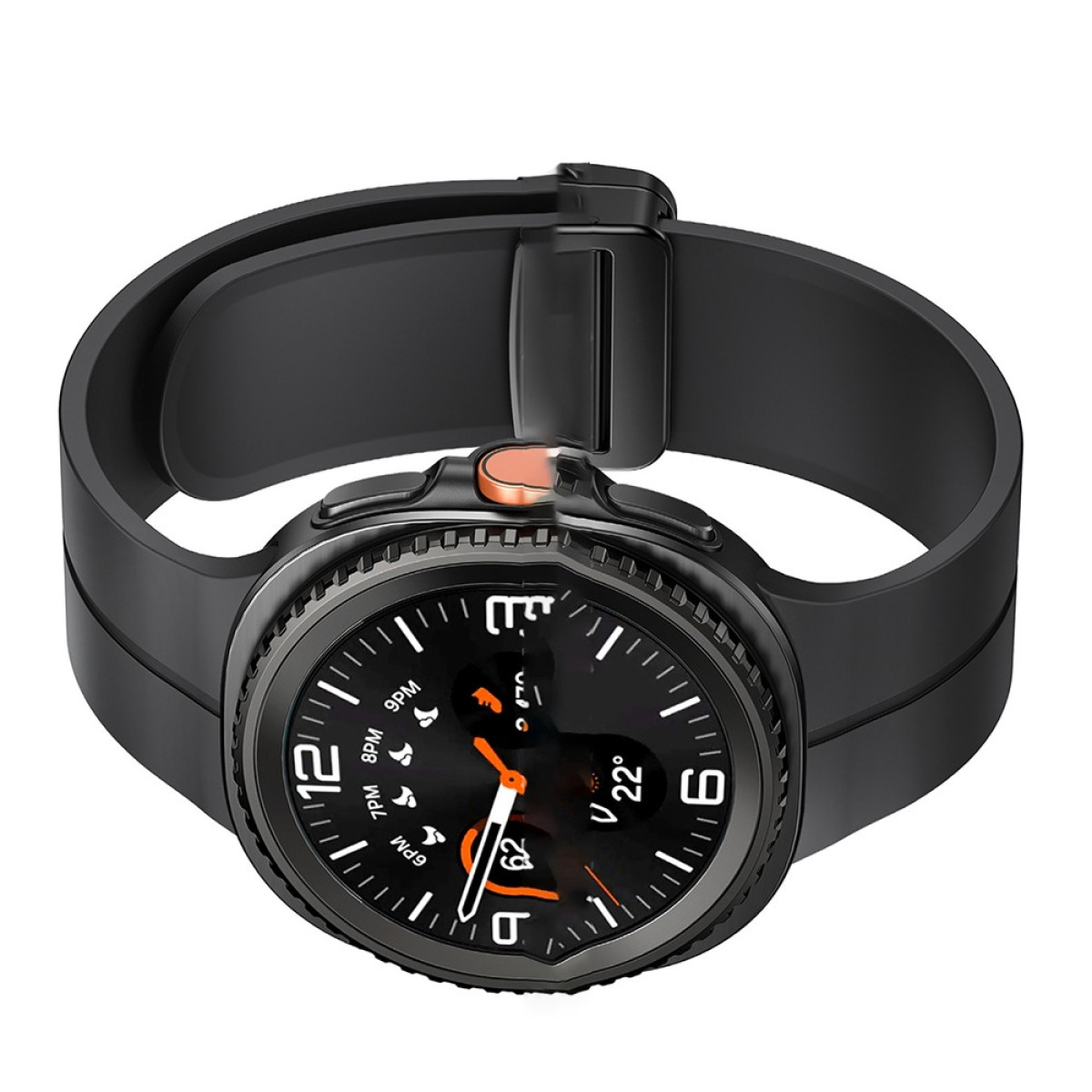 Uno smartwatch nero con cinturino nero. Il quadrante mostra l'ora con dettagli arancioni.