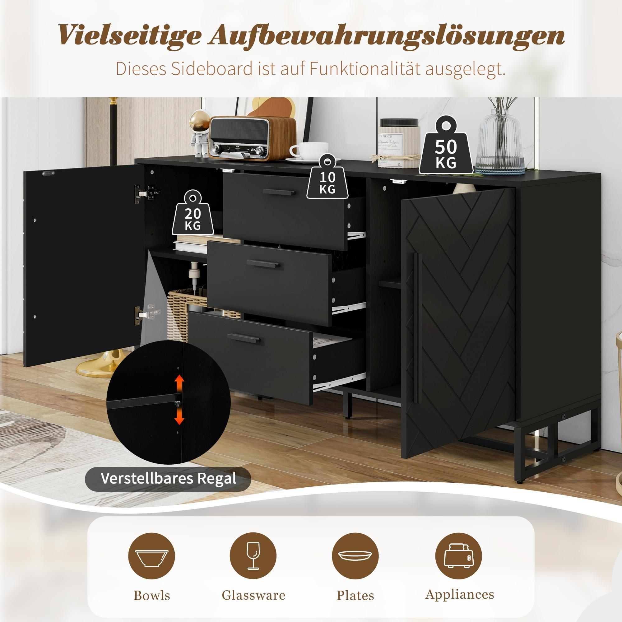 Ein schwarzer Sideboard-Schrank mit Türen und Schubladen, schwarzen Metallbeinen und Fischgrätenmuster.