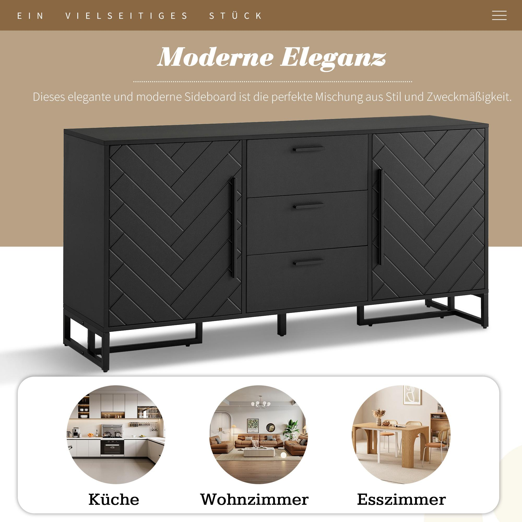 Schwarzes Sideboard mit Chevron-Türen und Schubladen. Text oben: Moderne Eleganz. Drei Raumbilder darunter.