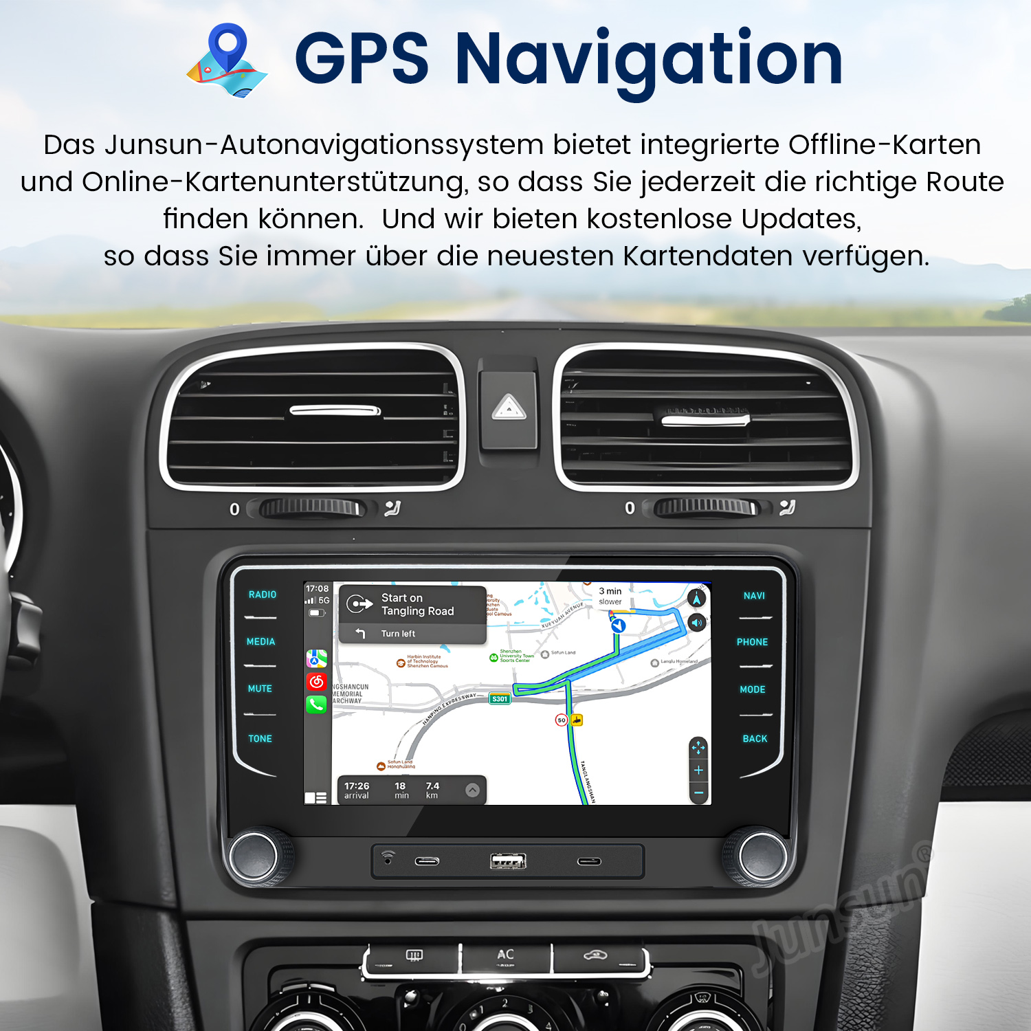 Autoradio-Bildschirm mit GPS-Navigationsschnittstelle mit Karte und Bedienelementen.