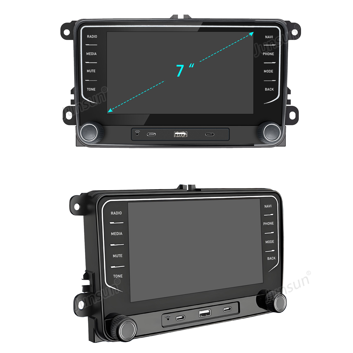 Dwa widoki odtwarzacza multimedialnego do samochodu z 7-calowym ekranem. Widoczna czarna ramka i przyciski.
