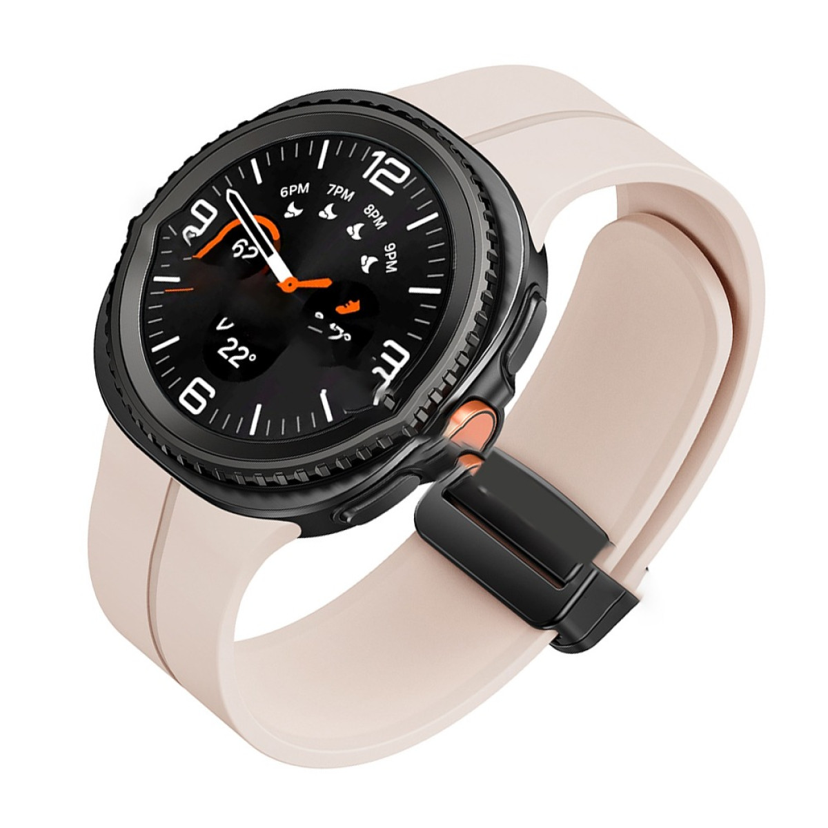 Uno smartwatch con quadrante nero e cinturino rosa chiaro.