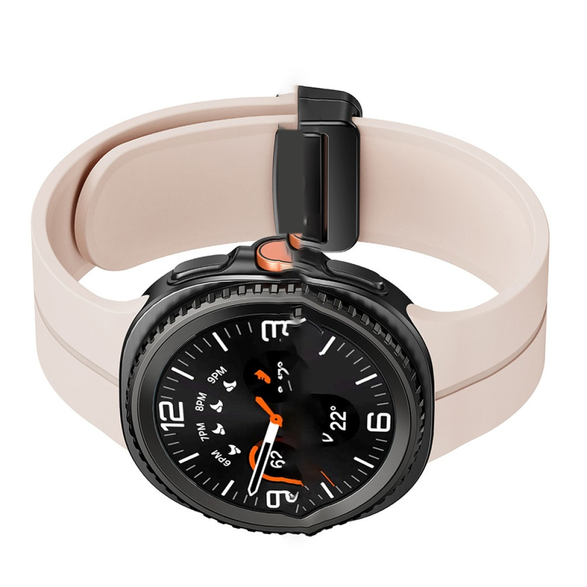 Smartwatch con quadrante nero e cinturino rosa chiaro, la fibbia è nera.