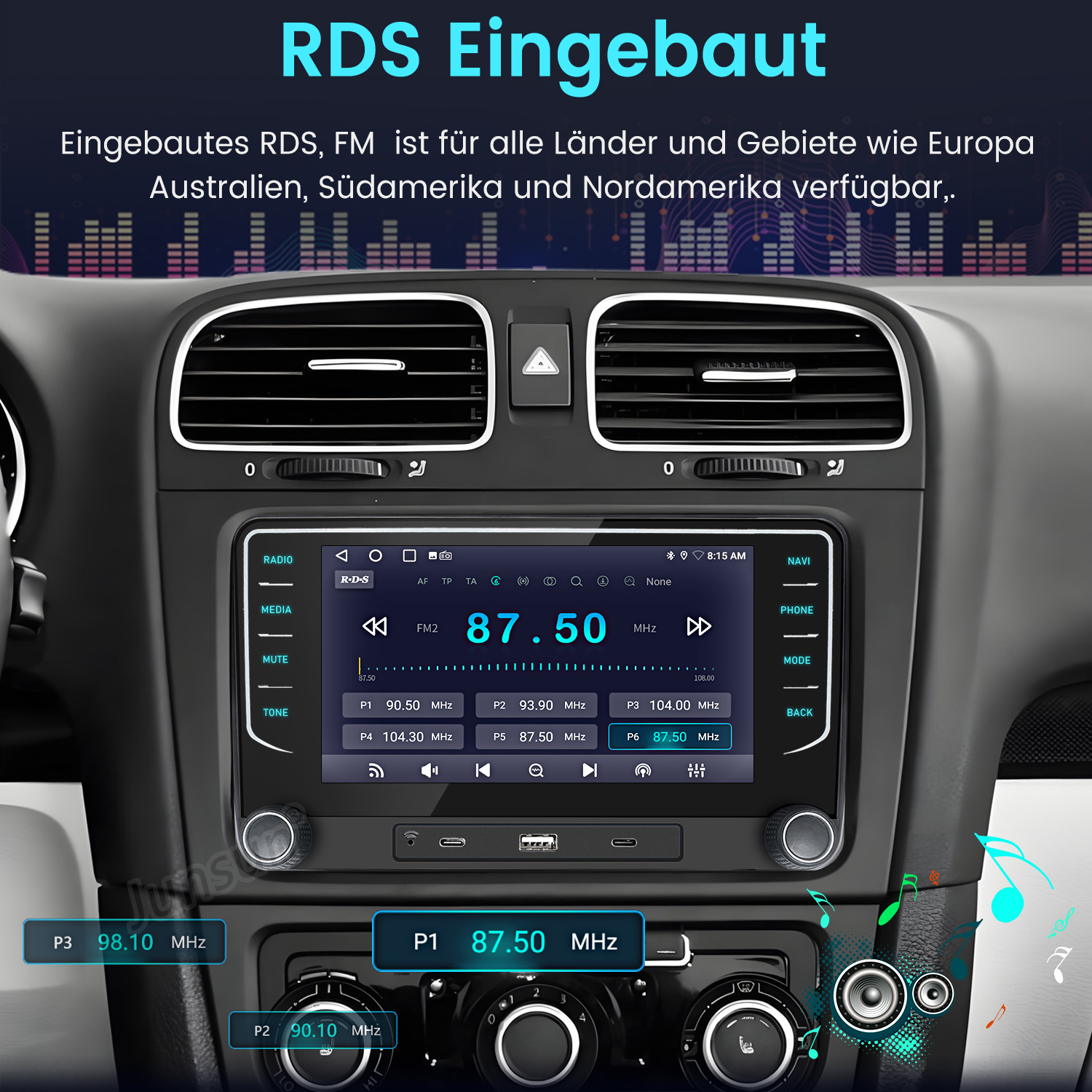 Auto-Armaturenbrett mit Radio-Bildschirm, der die Frequenz 87,50 MHz anzeigt. Bedienknöpfe sind unter dem Bildschirm sichtbar.