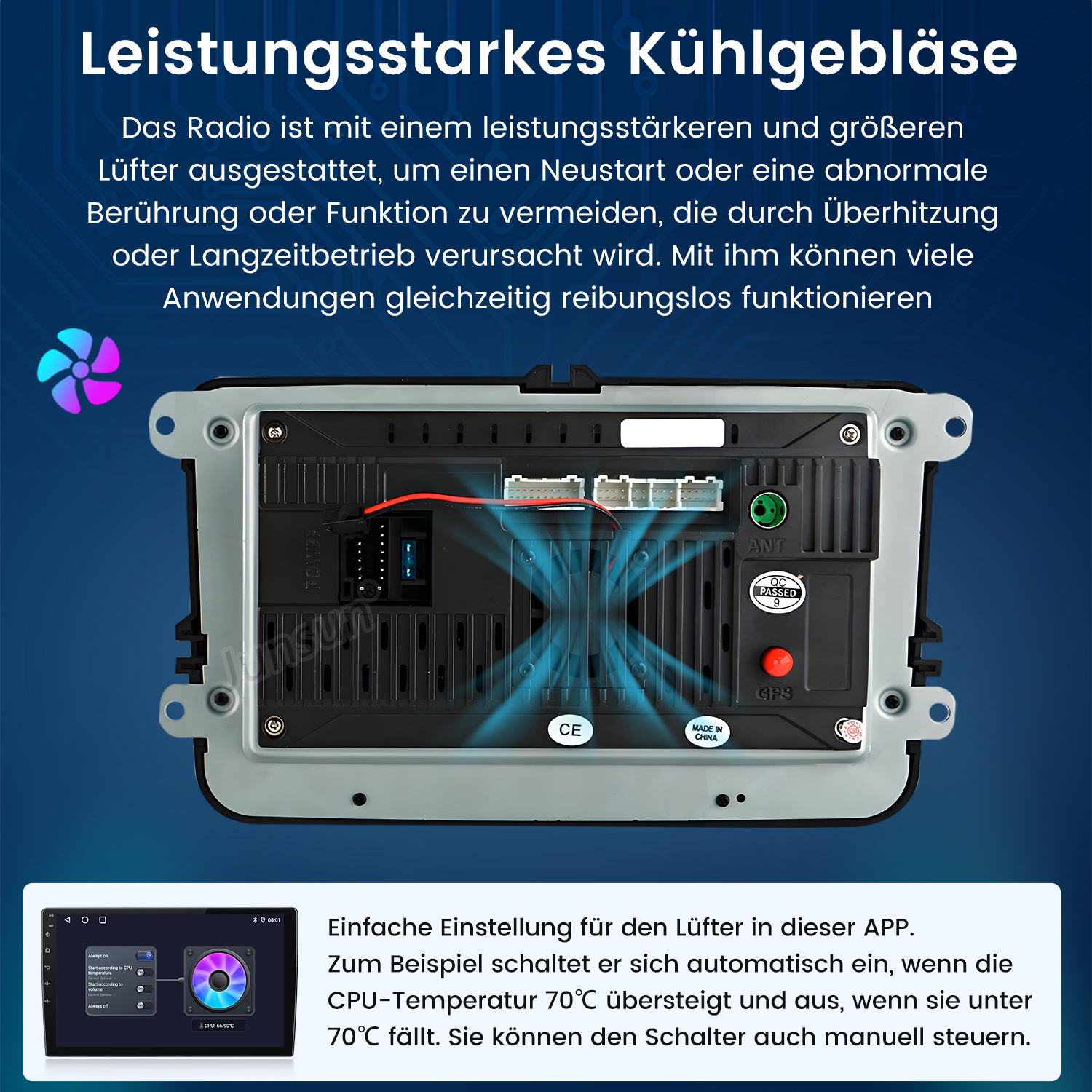 Autoradio mit Bildschirm, der eine App-Oberfläche anzeigt, mit Text auf Deutsch.