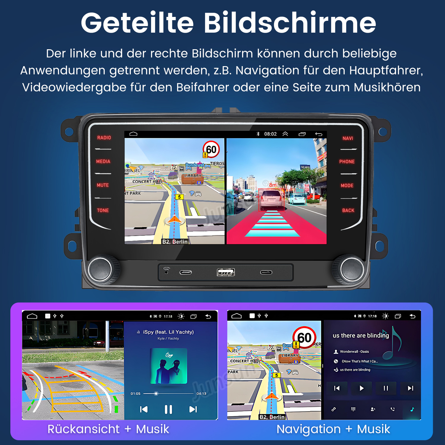 Auto-Multimedia-Bildschirm mit geteiltem Bildschirm, der Navigation und Musik anzeigt. Zwei kleinere Bildschirme mit Details.