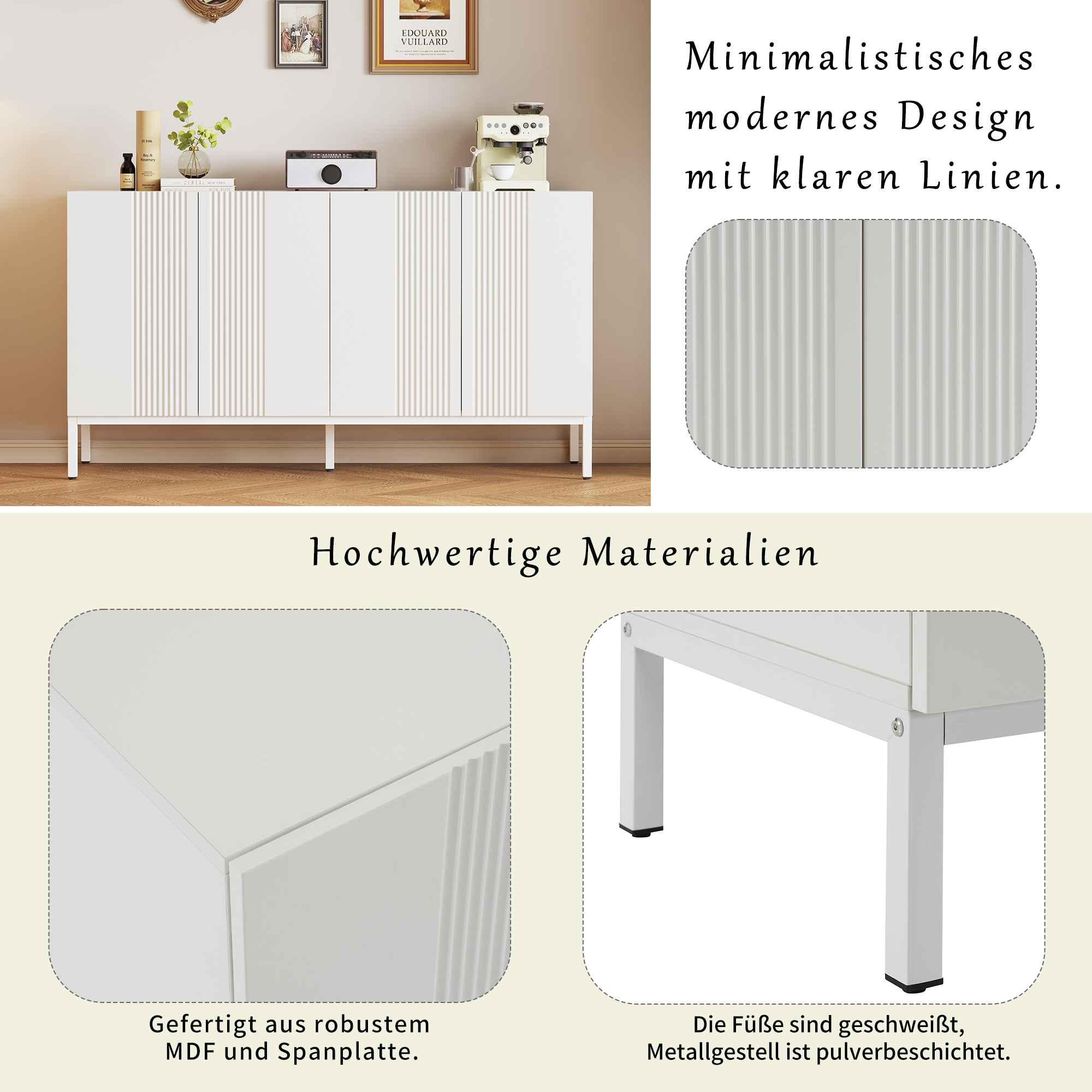 Weißes Sideboard mit vertikalen Rillen und einem Metallbein. Details des Materials und der Beine werden gezeigt.