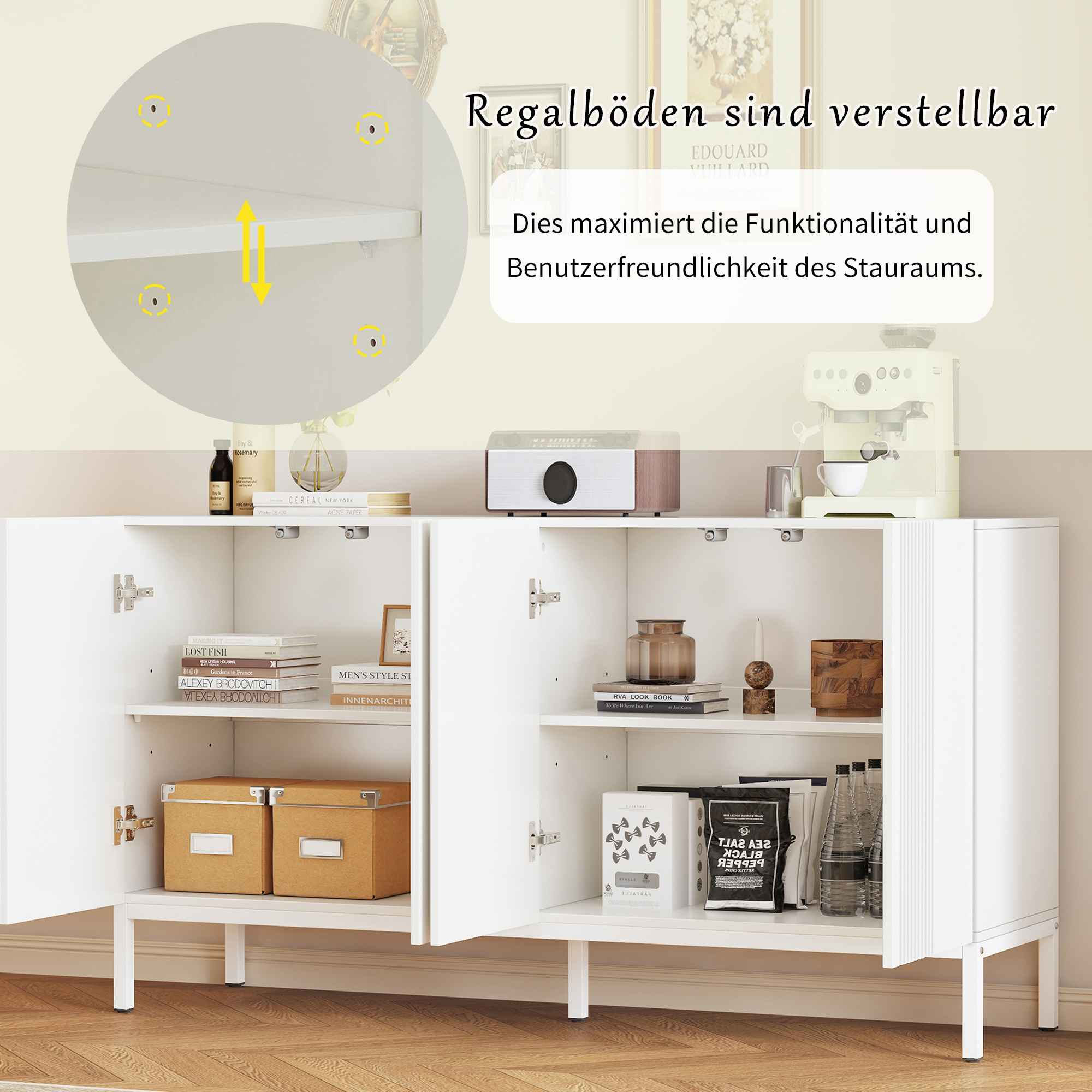 Weißer Schrank mit verstellbaren Regalen. Text auf Deutsch, mit Büchern und Deko.