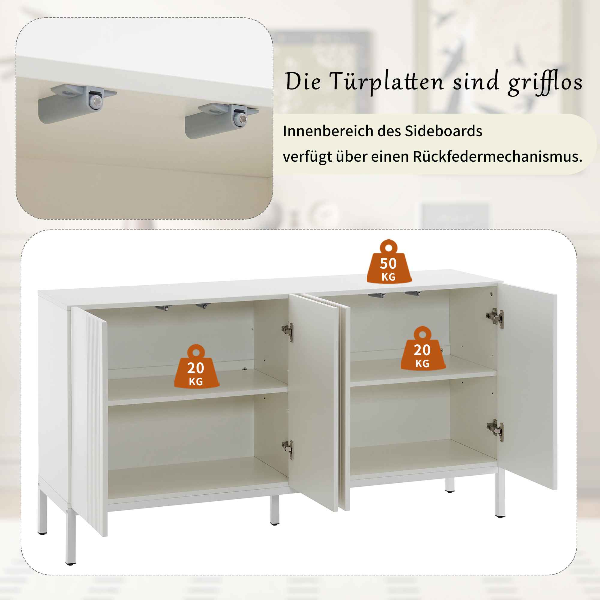 Weißes Sideboard mit zwei offenen Türen, die Regale zeigen, und zwei geschlossenen Türen. Gewichte von 20 und 50 kg.